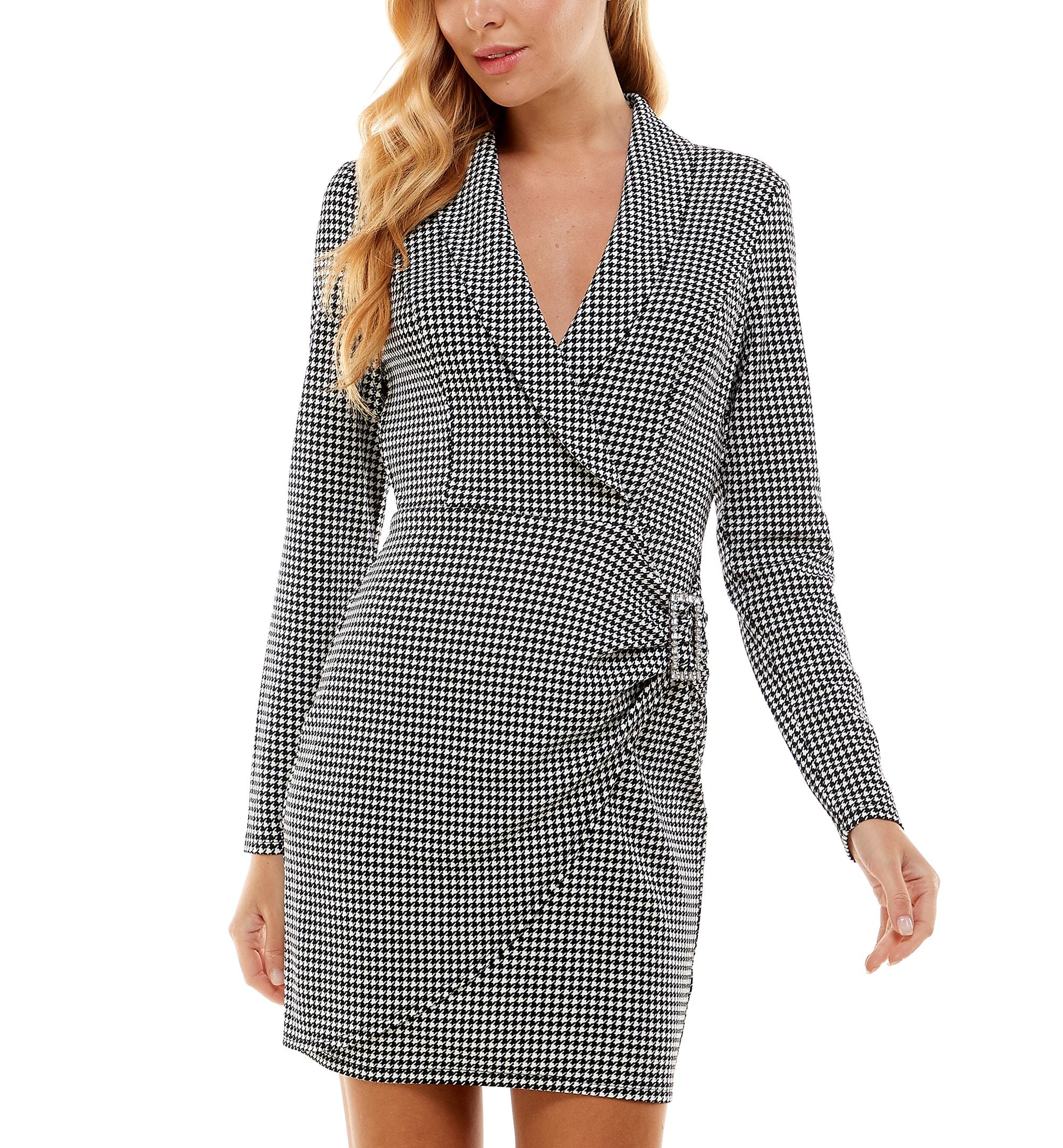 City Studios Juniors' Houndstooth-Print Side-Buckle Wrap Dress
