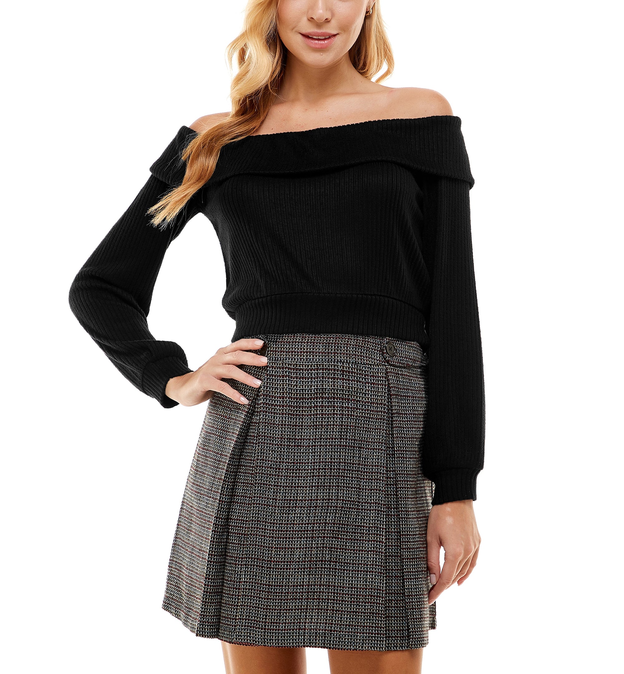 Juniors' Off-The-Shoulder Ribbed Knit Sweater & Skirt Set