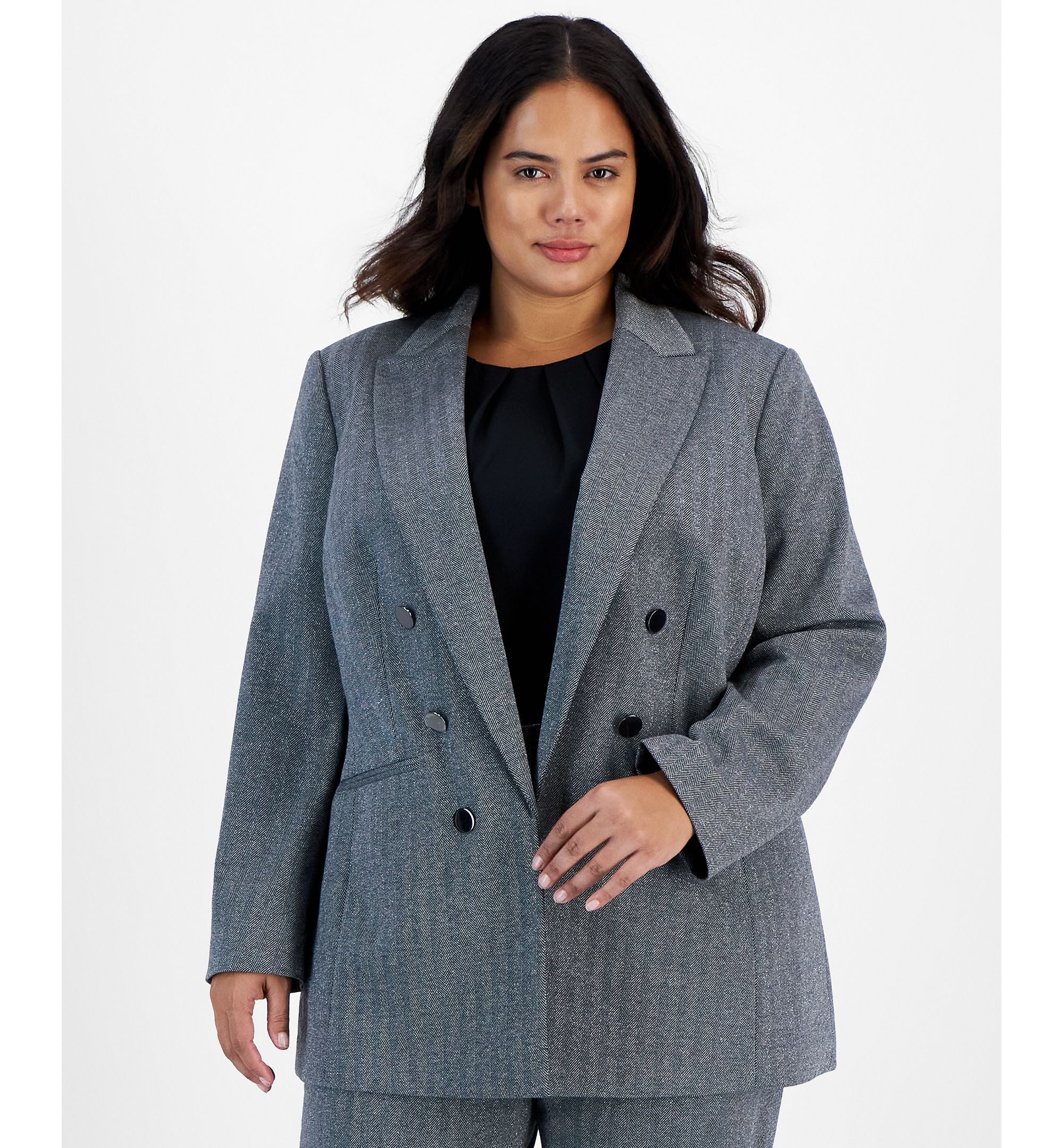 Plus Size Shimmer Herringbone Long-Sleeve Blazer
