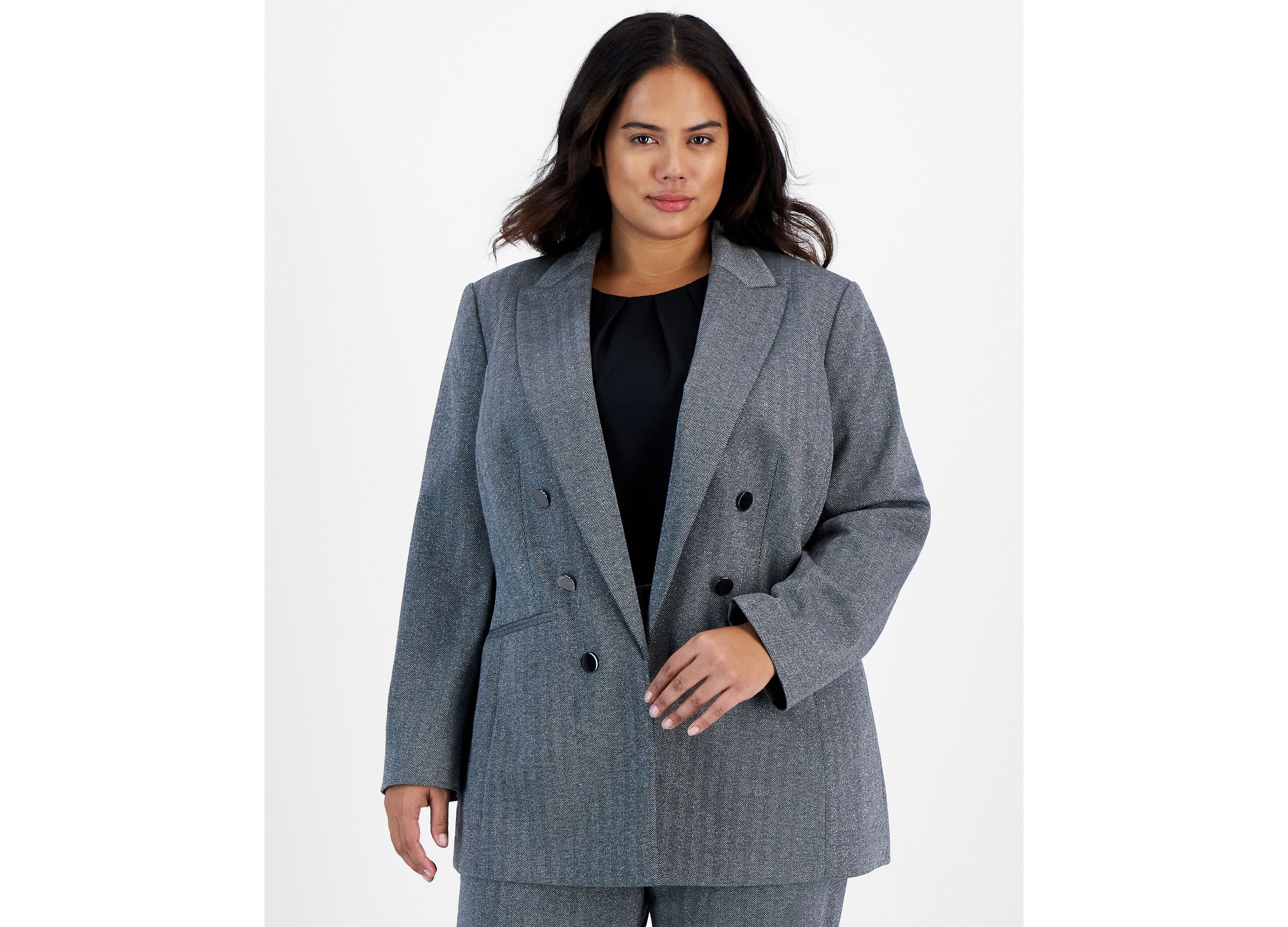 Plus Size Shimmer Herringbone Long-Sleeve Blazer