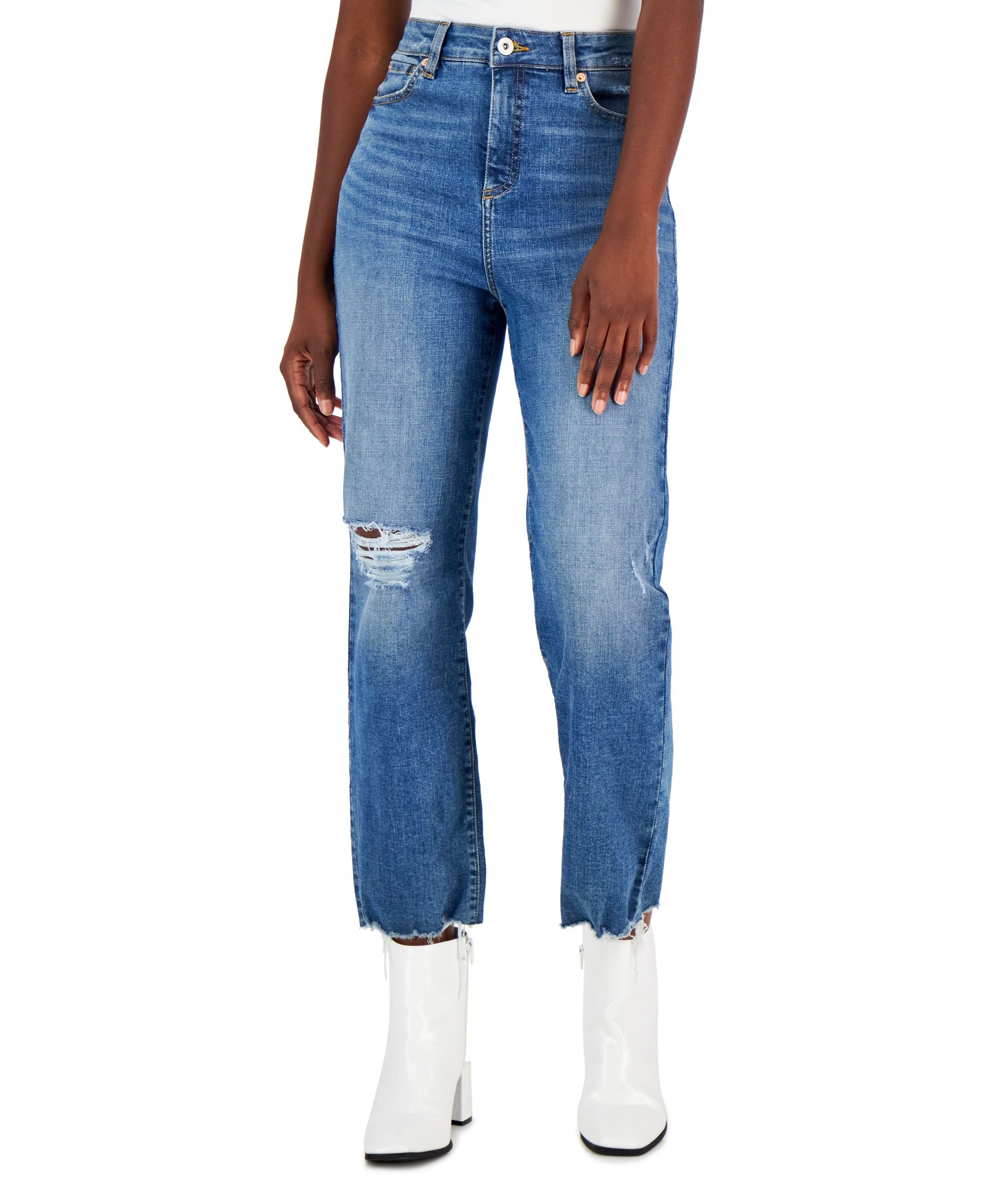 INC International Concepts Womens High Rise Distressed Straight Leg Jeans