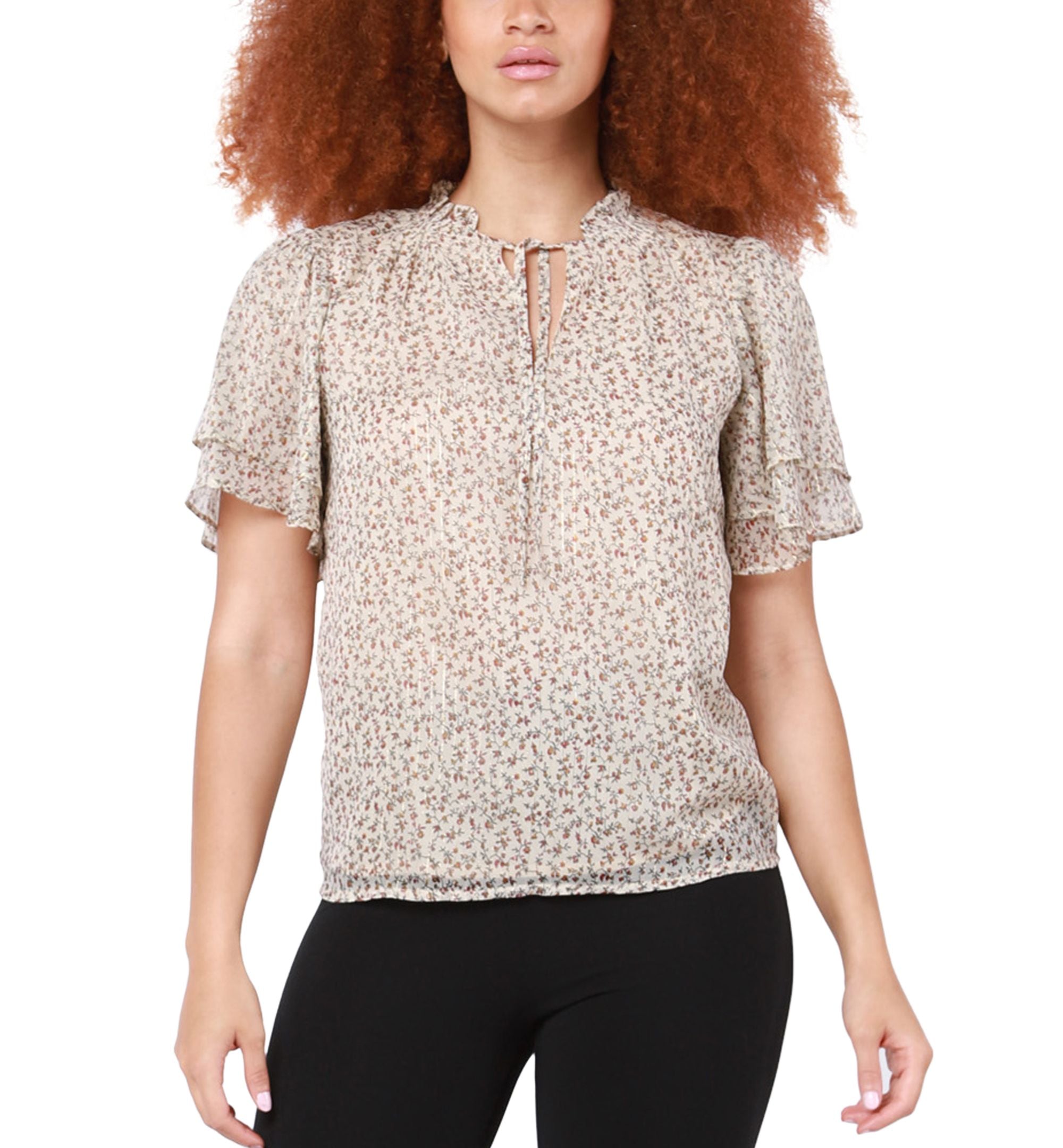 Black Tape Womens Flutter Sleeve Floral Print Blouse