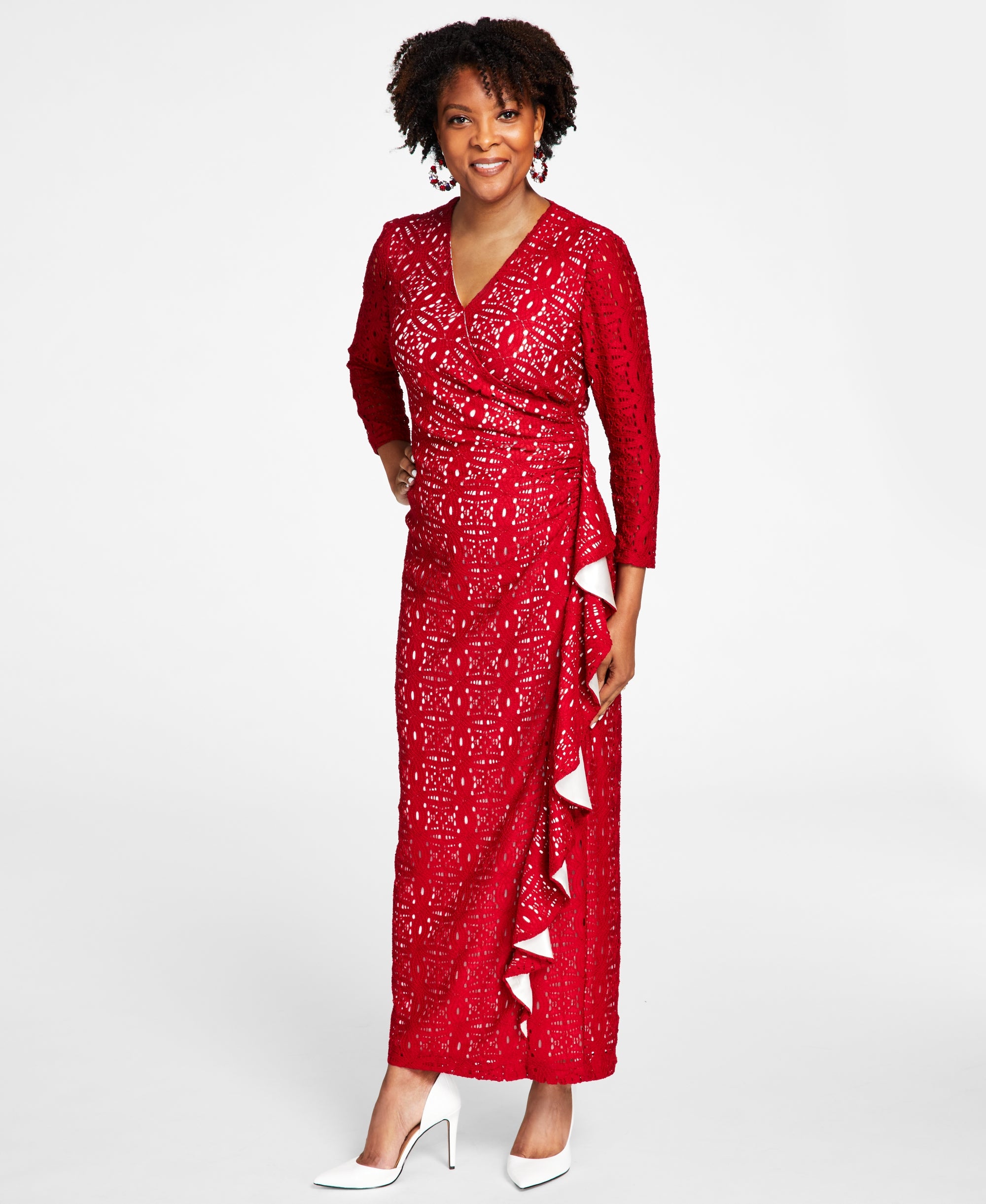 Lace Surplice V-Neck Ruffled Maxi Dress