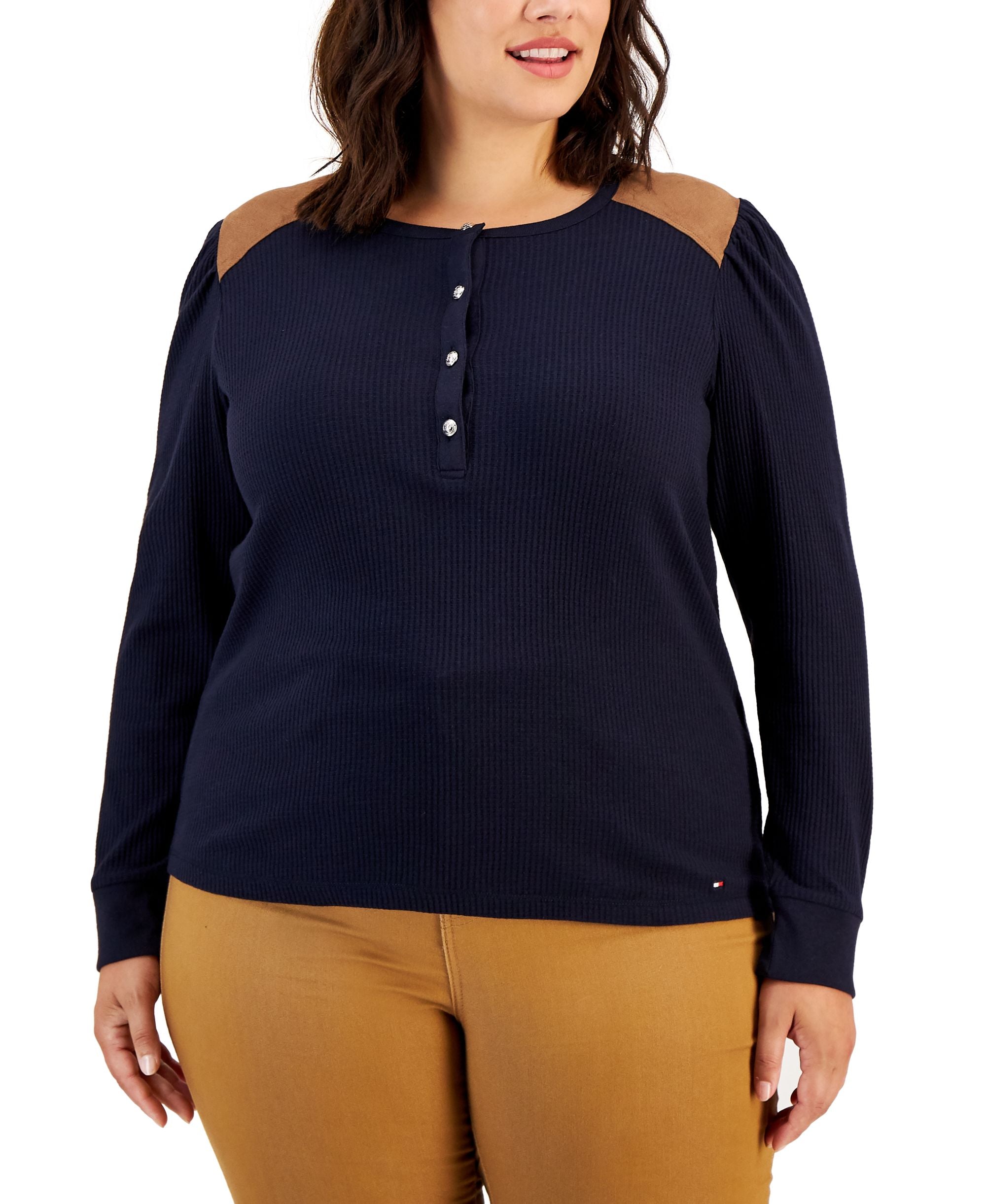 Tommy Hilfiger Plus Size Faux Suede Yoke Henley Top