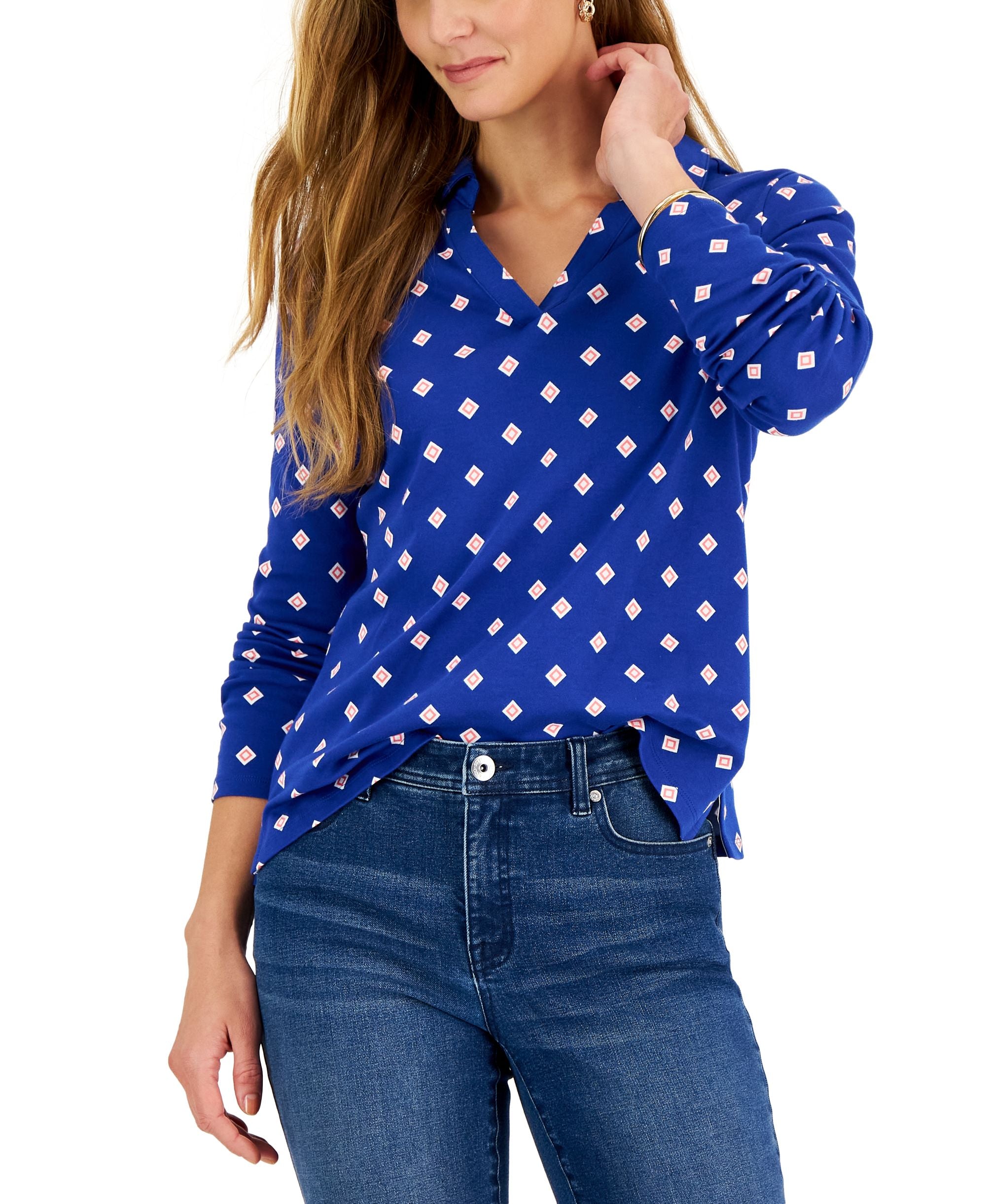 Petite Long Sleeve Diamond Print Top