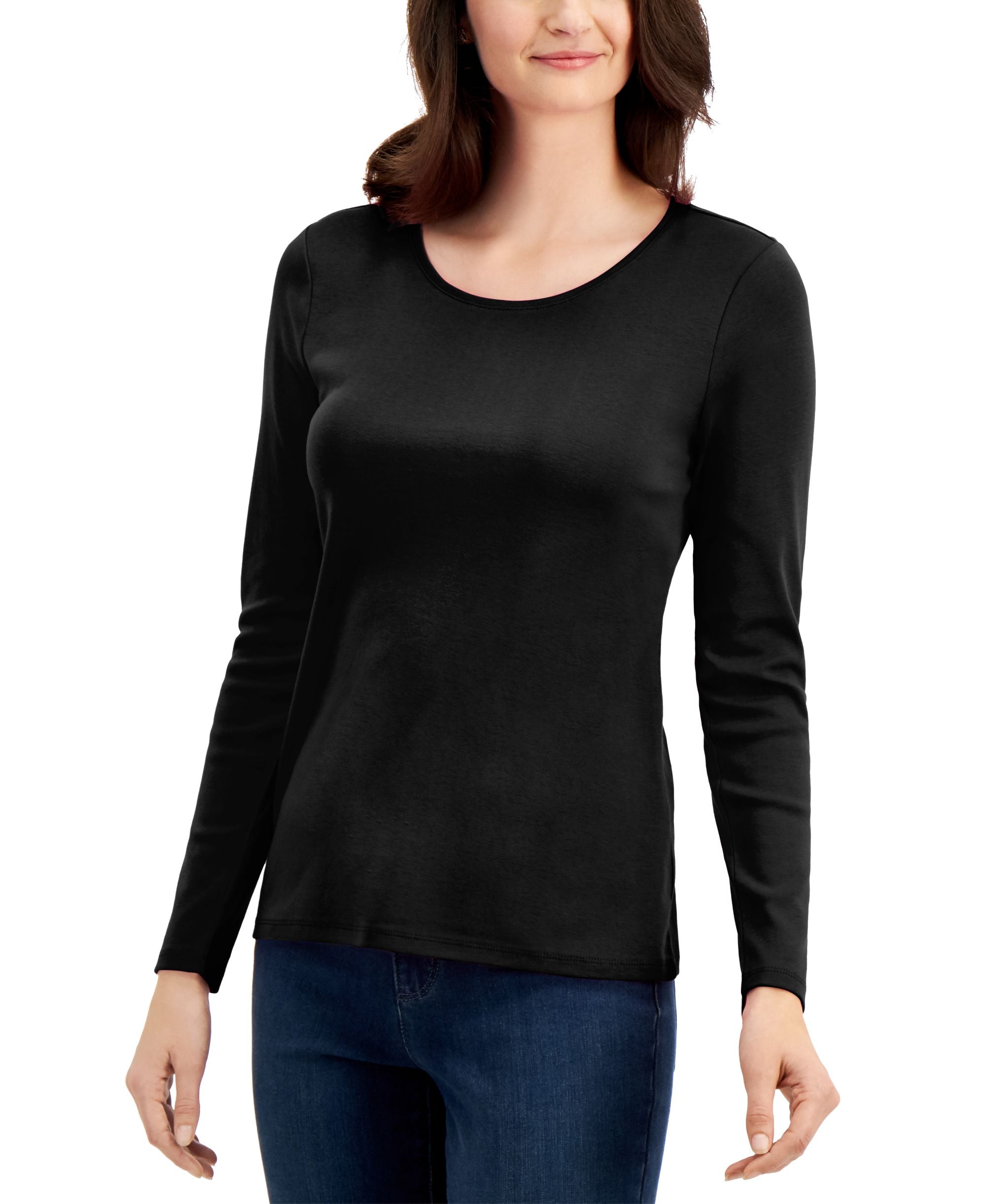 Charter Club Petite Solid Long Sleeve Crewneck Top