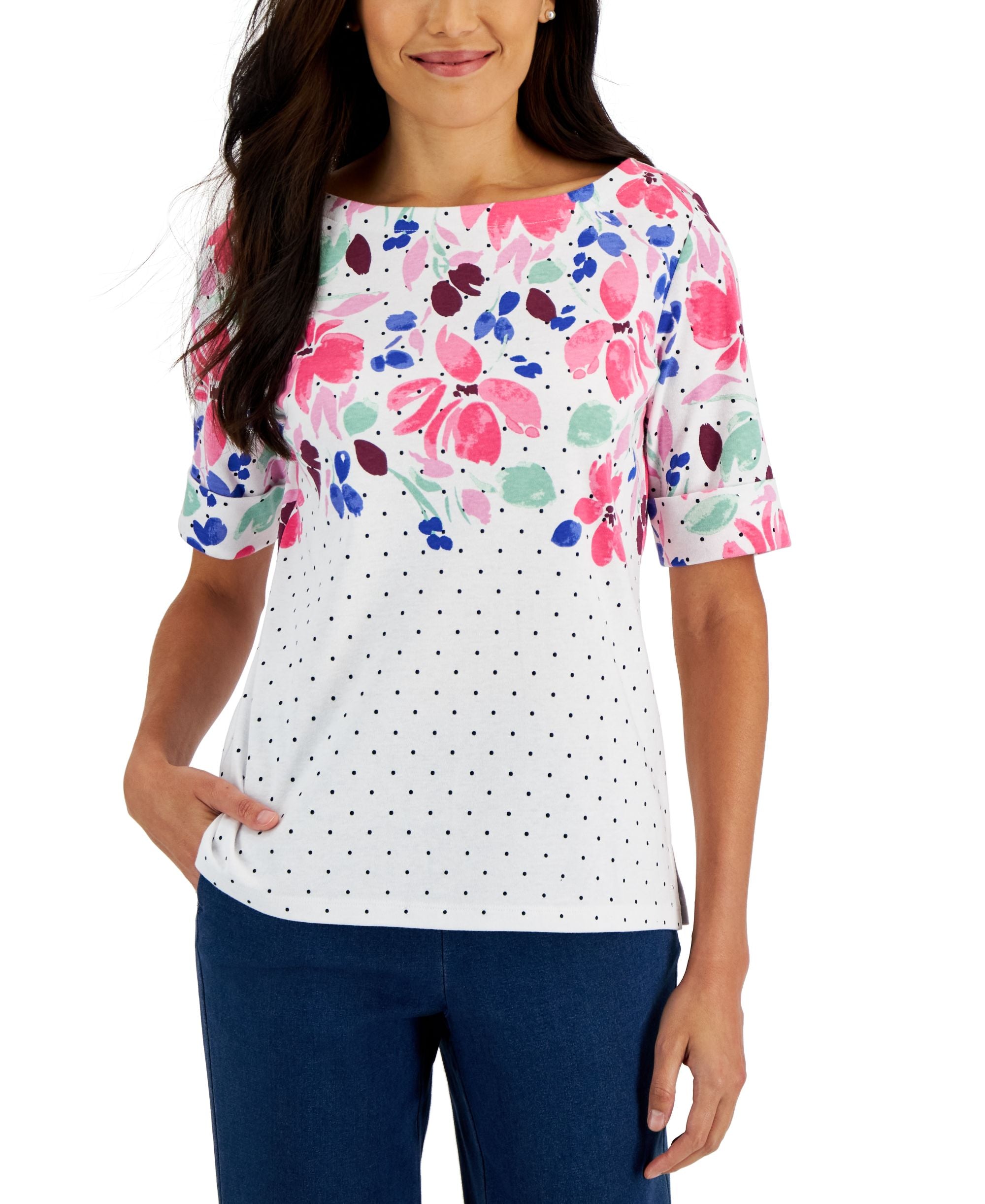 Karen Scott Petite Lee Floral Print Boat Neck Top