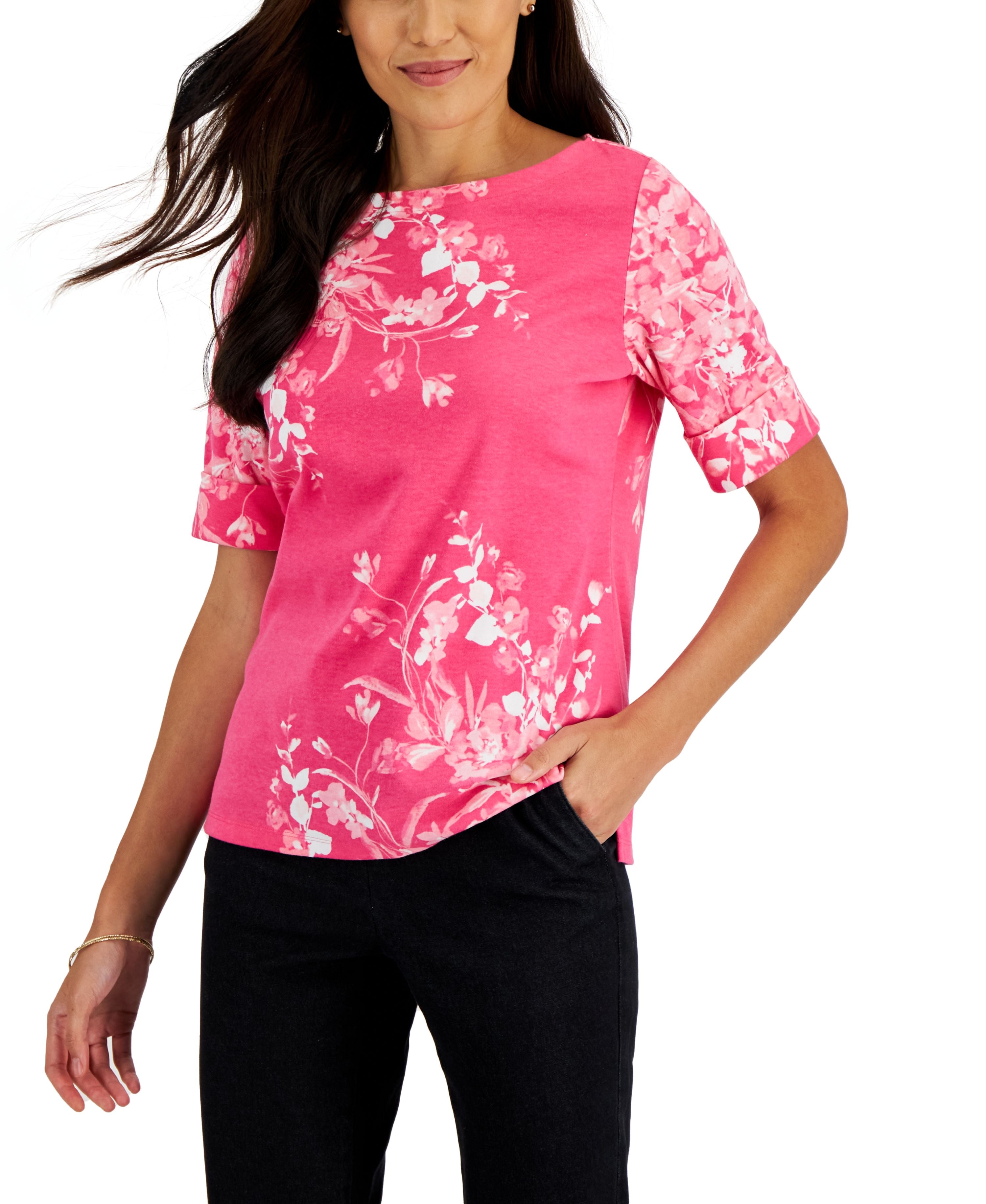Women's Printed Elbow-Sleeve Boatneck Top