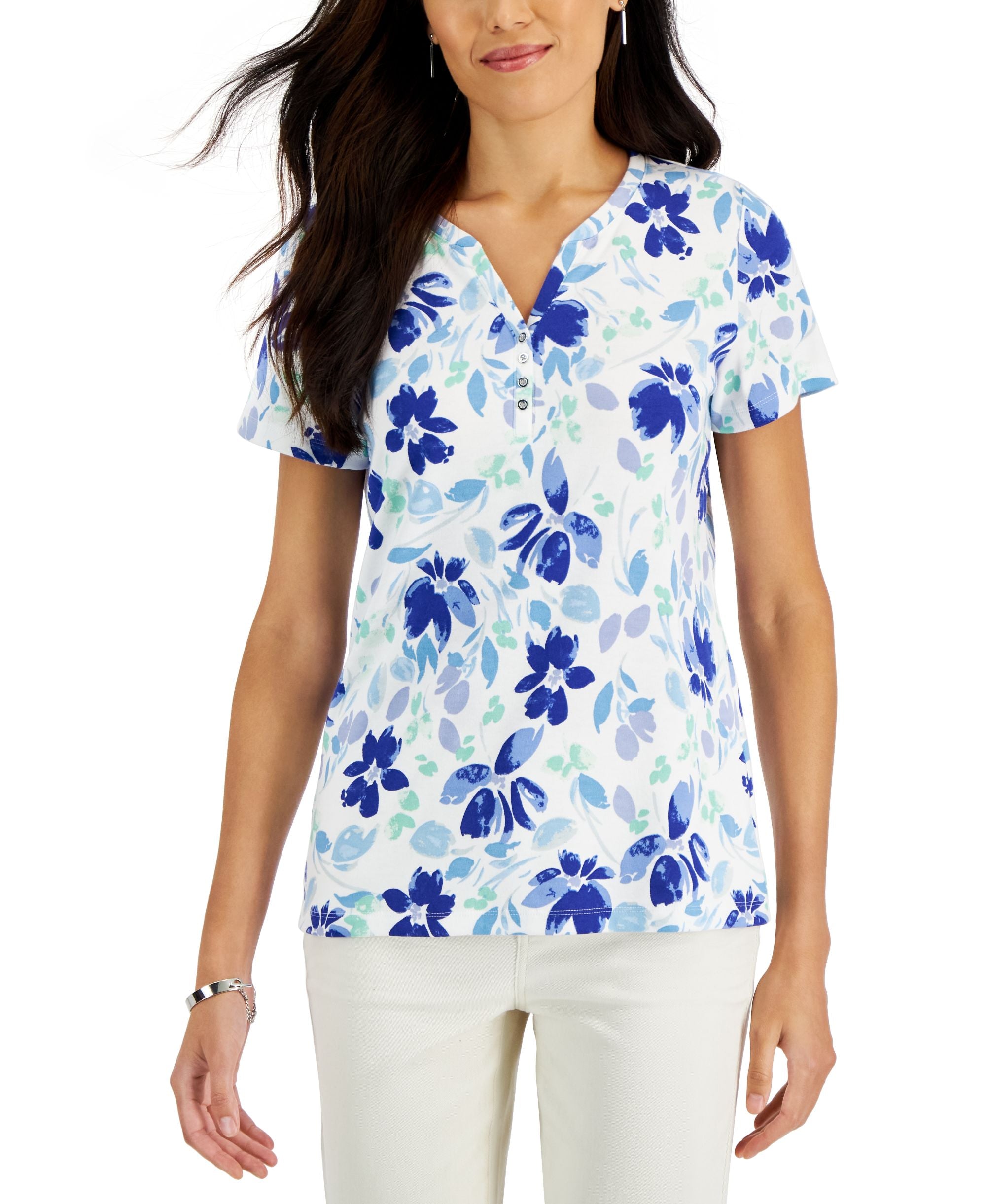 Women's Short-Sleeve Floral-Print Henley Top