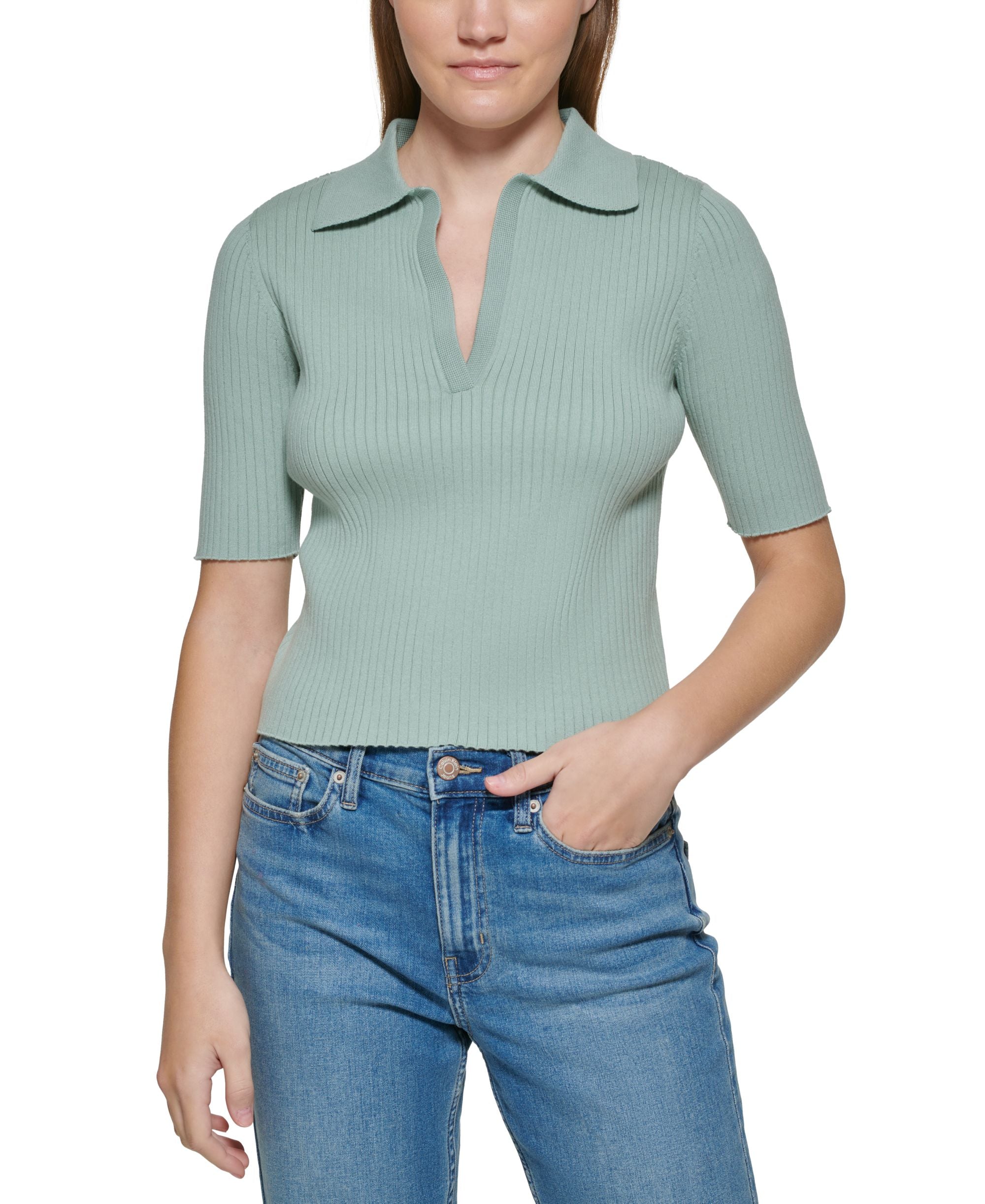 Women's Ribbed Knit Cotton Polo Top
