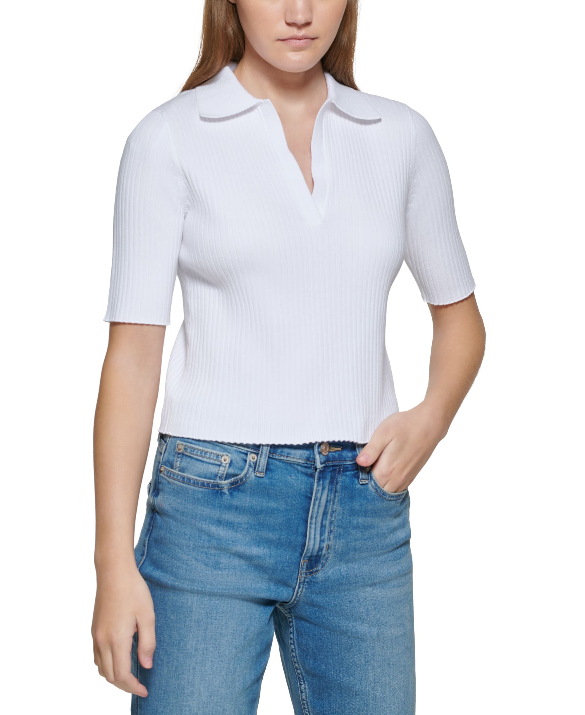 Women's Ribbed Knit Cotton Polo Top