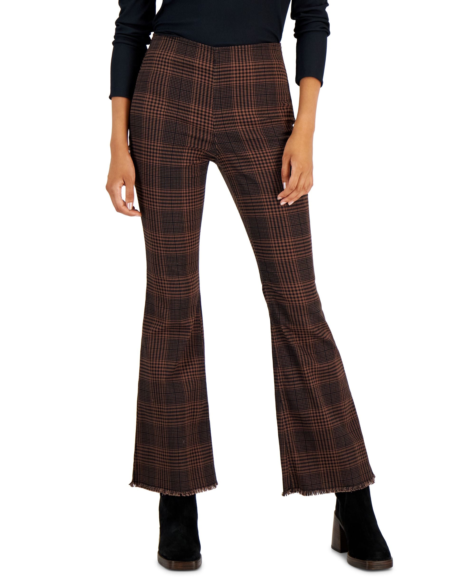 Juniors' Plaid High-Rise Pull-On Flare Pants