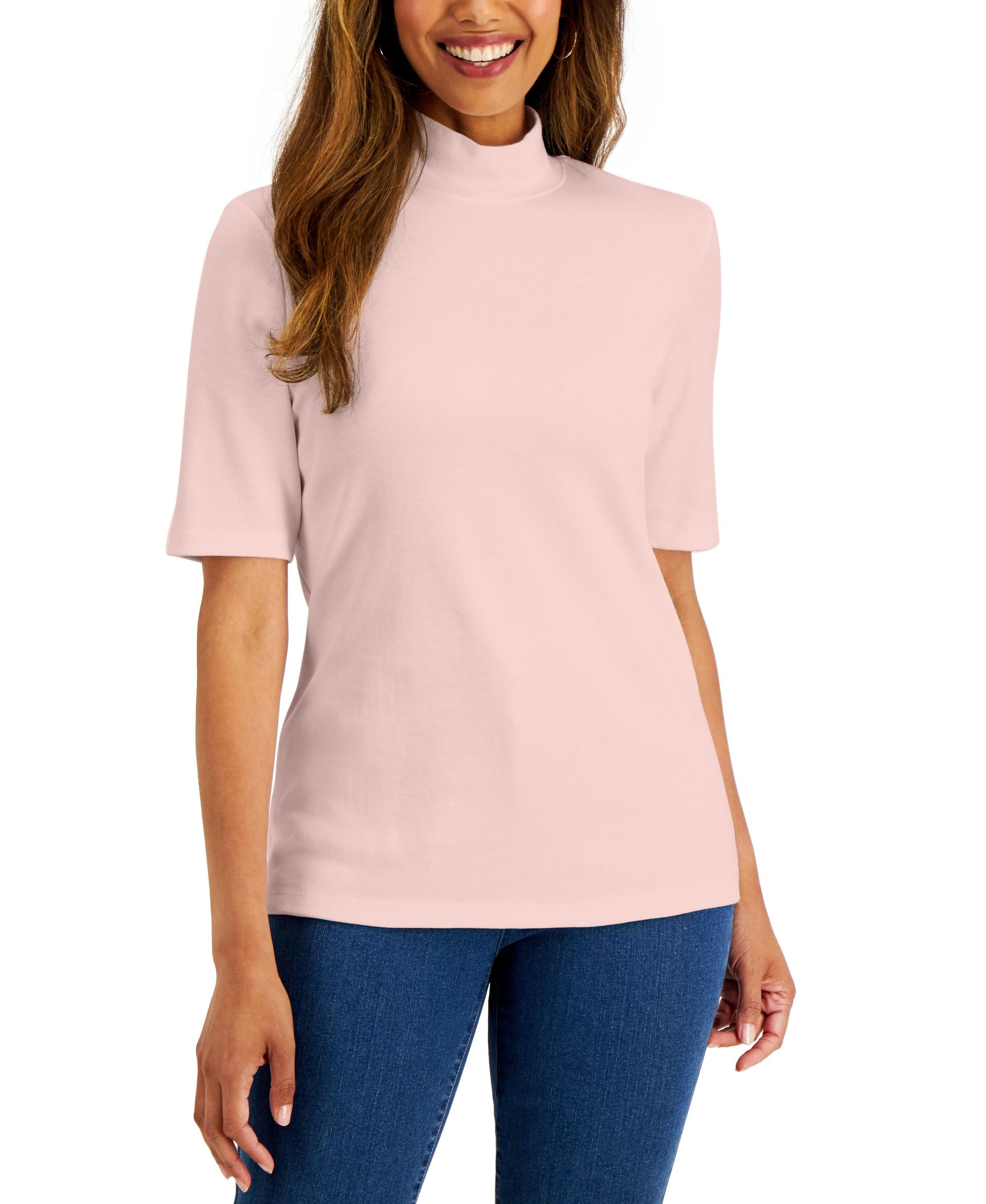 Karen Scott Petite Cotton Mock Neck Elbow Sleeve Top