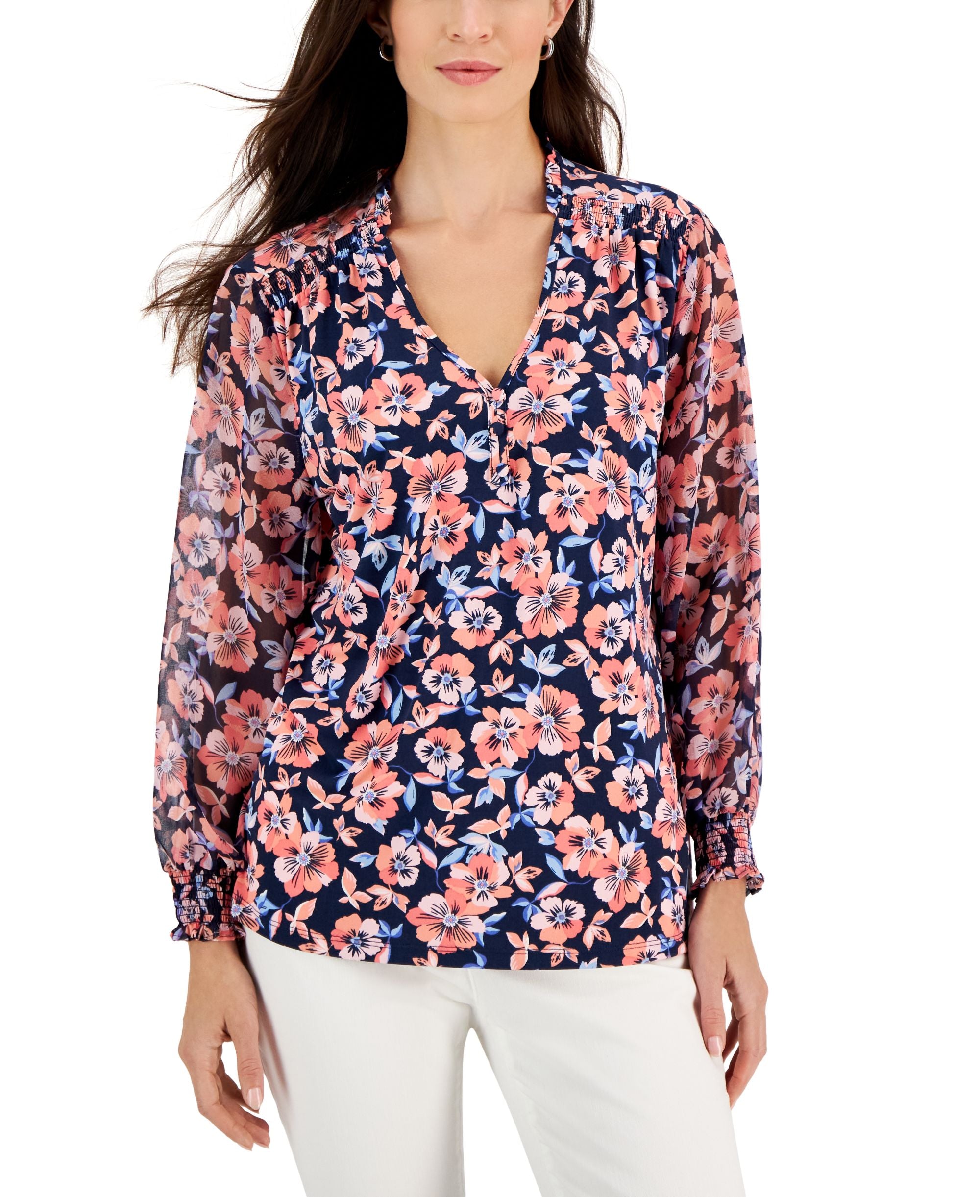 Petite Long-Sleeve Bloom Floral Smocked Top