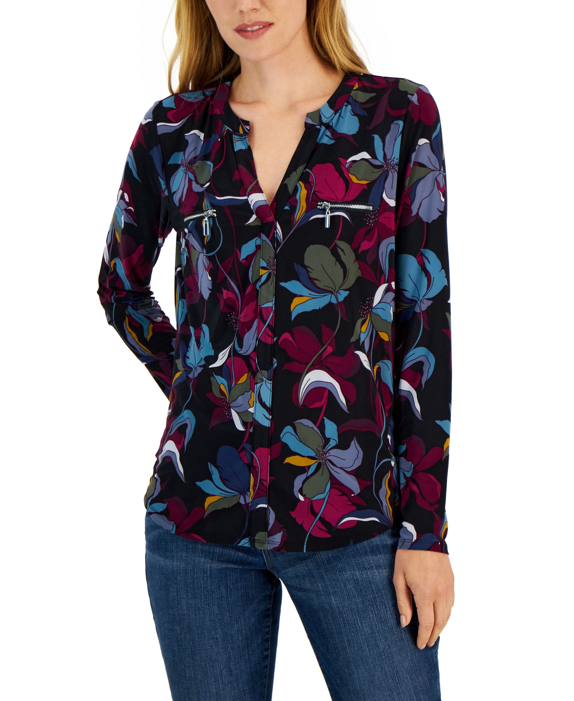 International Concepts Petite Split Neck Zippered Pocket Top
