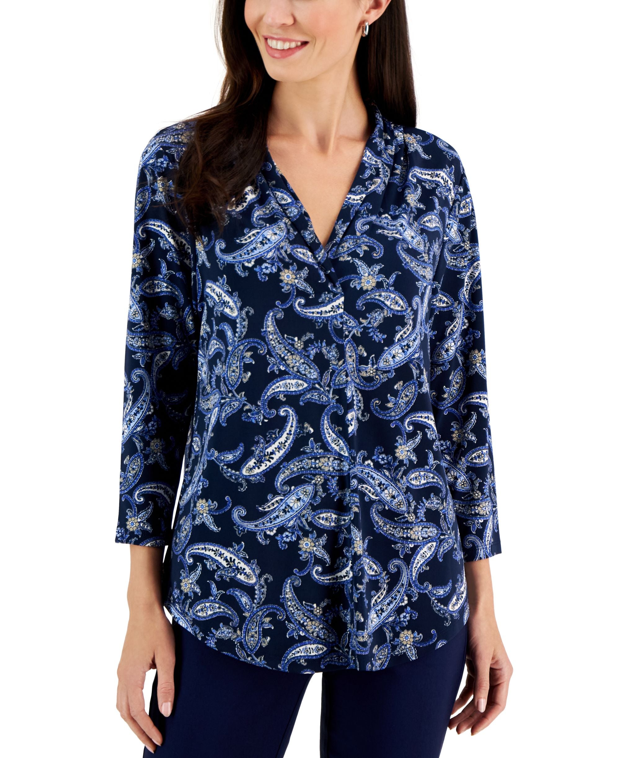 Charter Club Petite Ruched Paisley Print 3/4 Sleeve Top