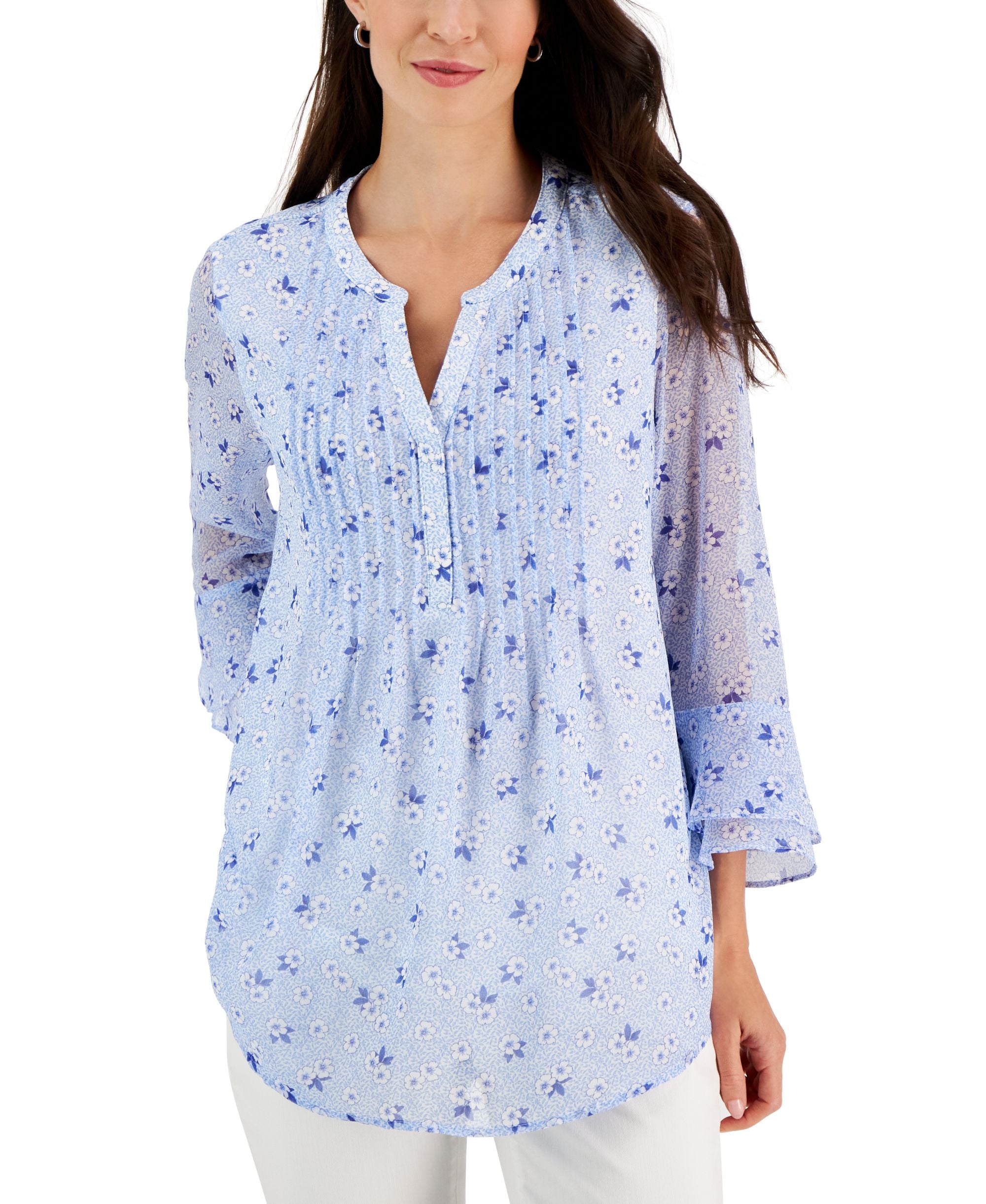 Charter Club Womens Print Pintuck Top