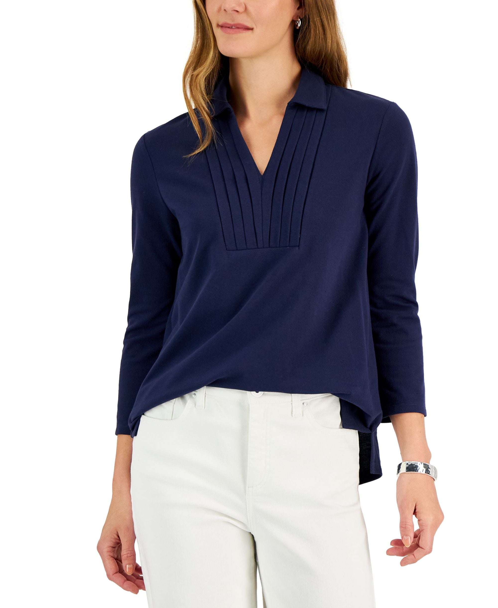 Charter Club Womens Pique Knit Pleated Neck Top