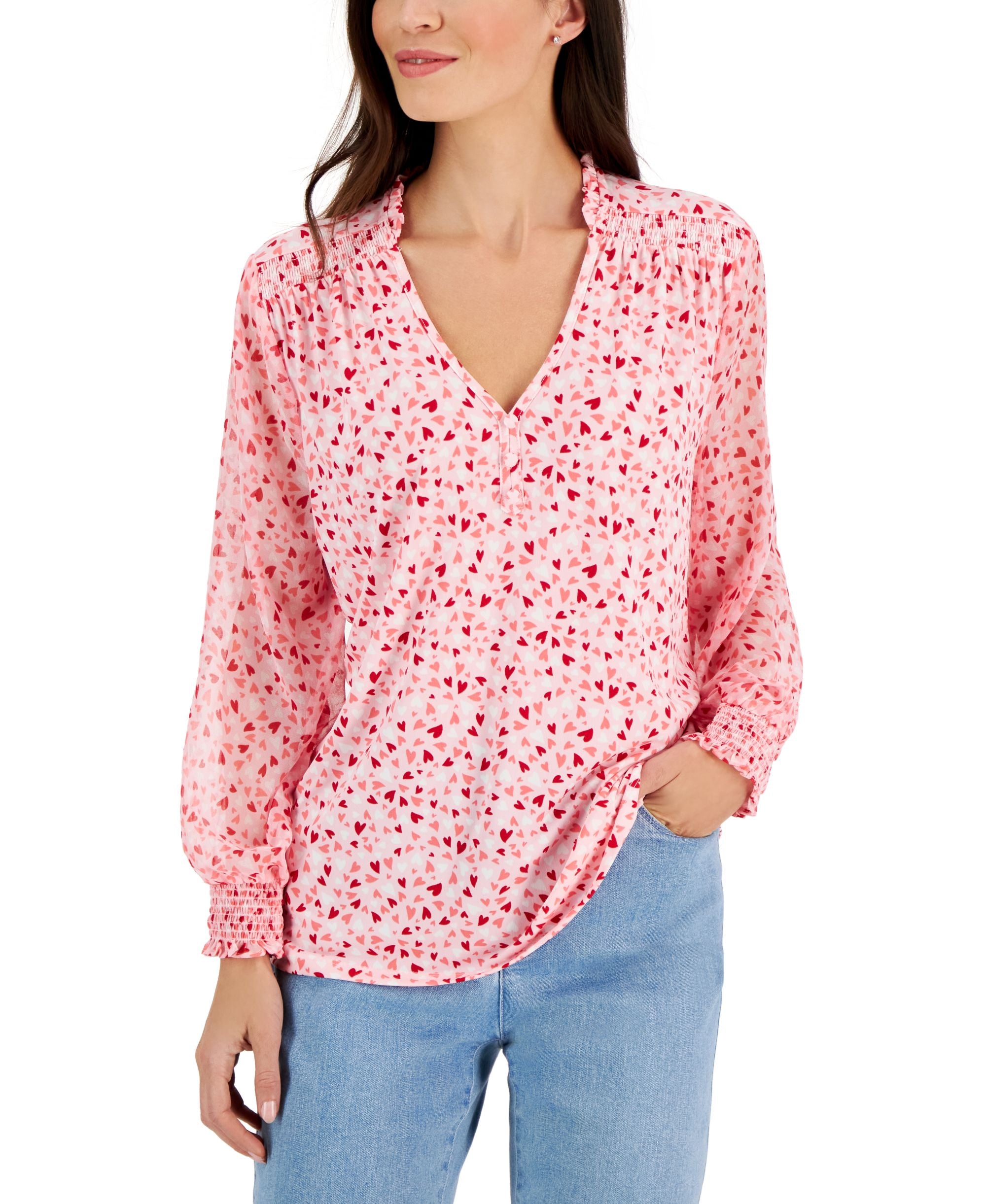 Charter Club Womens Heart Printed Split Neck Top