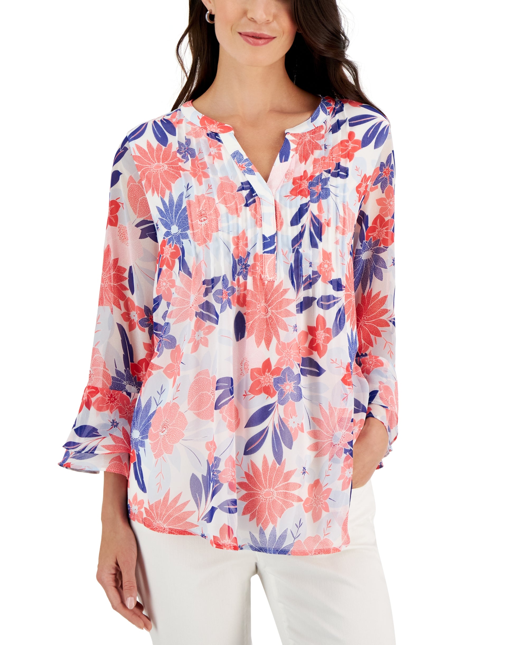 Petite Pleated Paisely Pintuck Top
