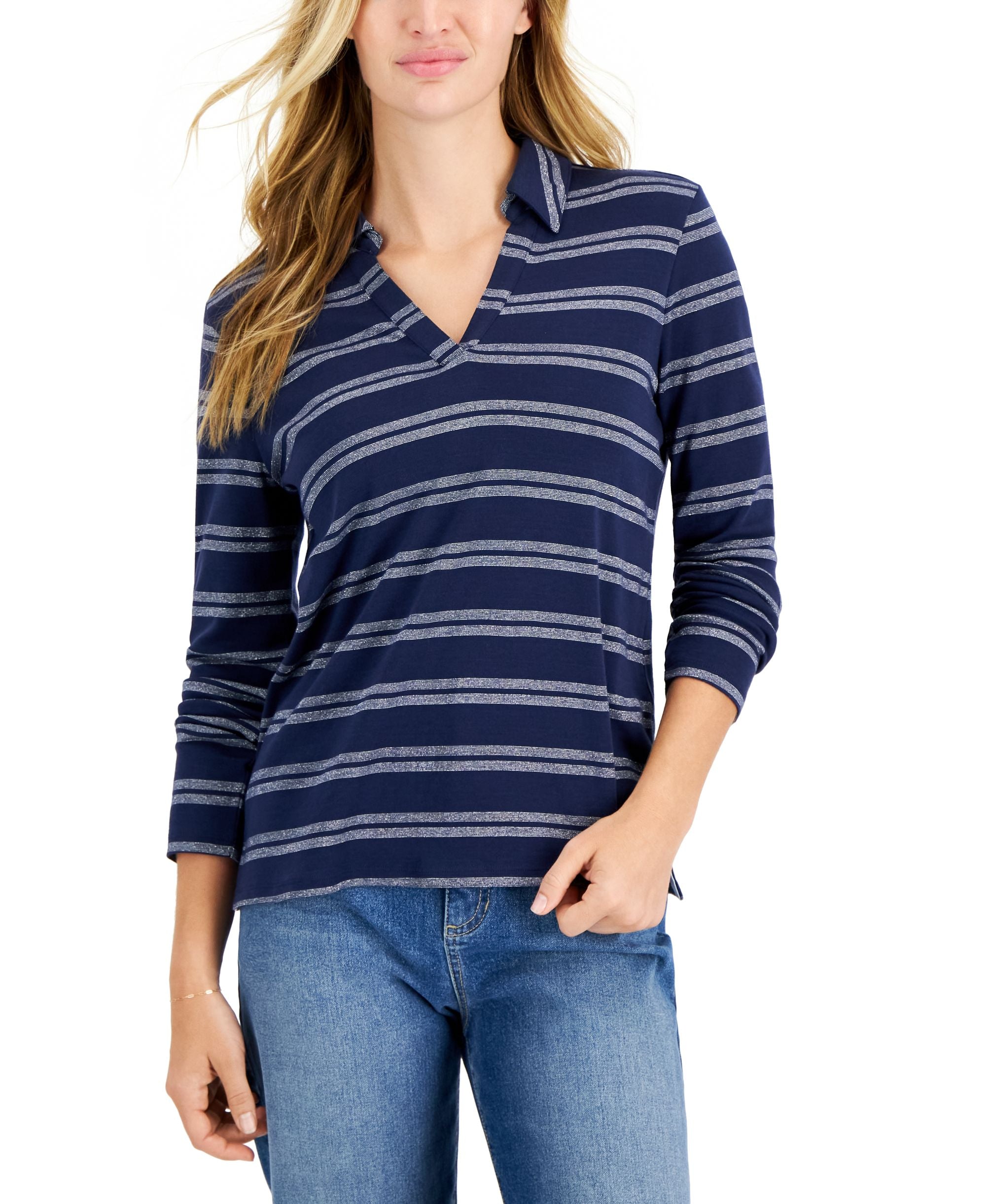 Charter Club Petite Long Sleeve Merry Stripe Johnny Collar Pullover