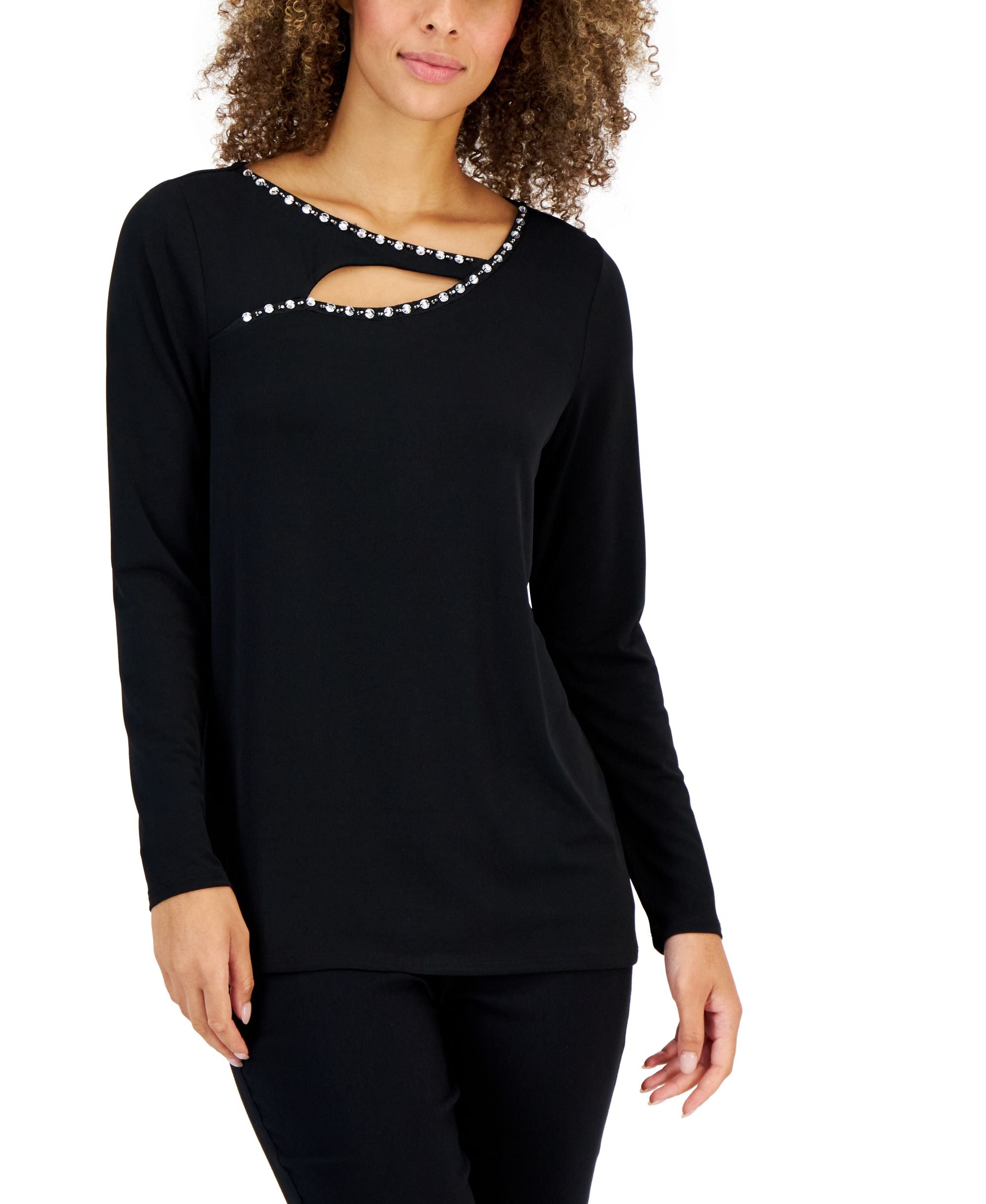 JM Collection Womens Embellished Cutout Long Sleeve Top