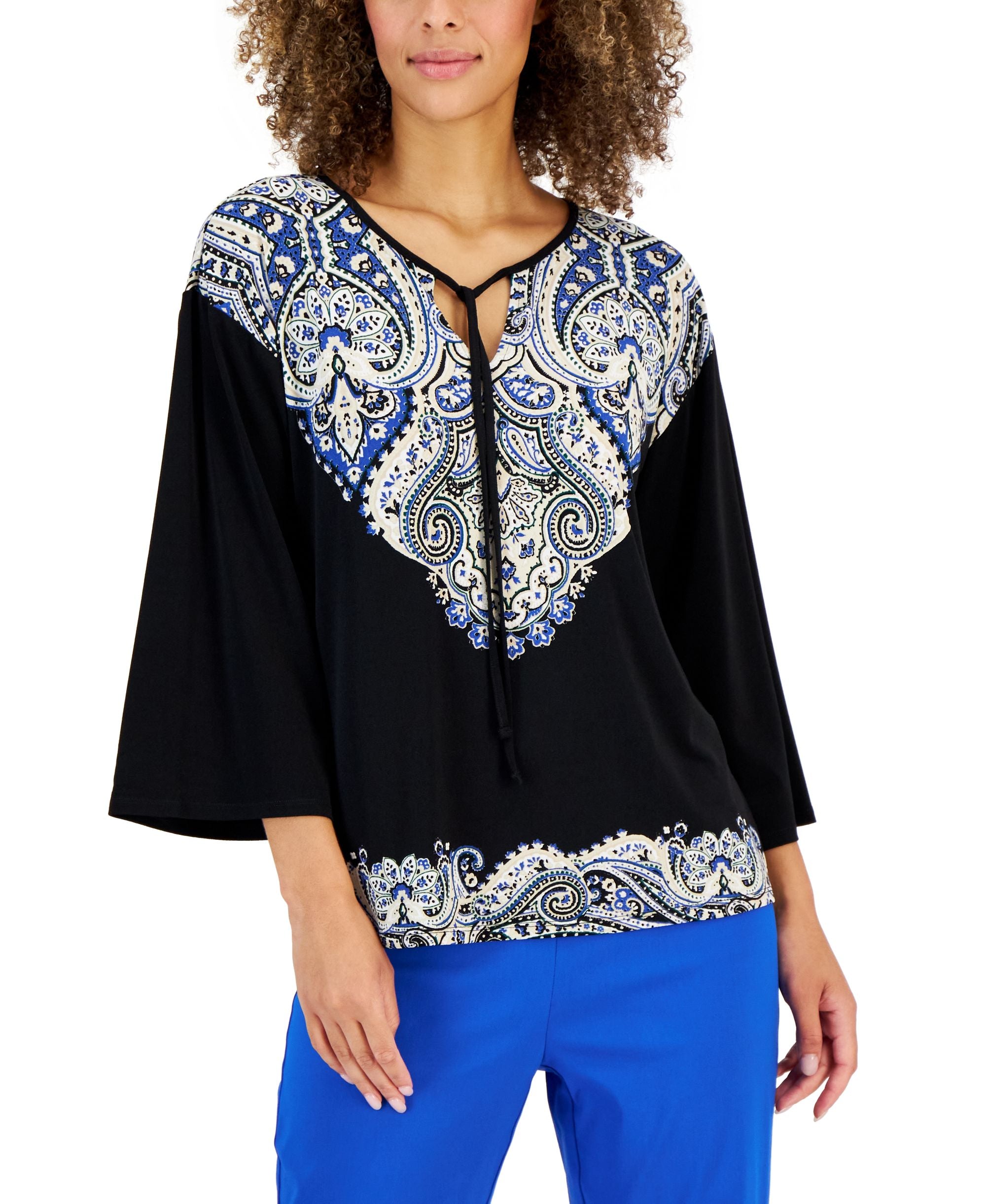 JM Collection Womens Printed Tie Neck Top