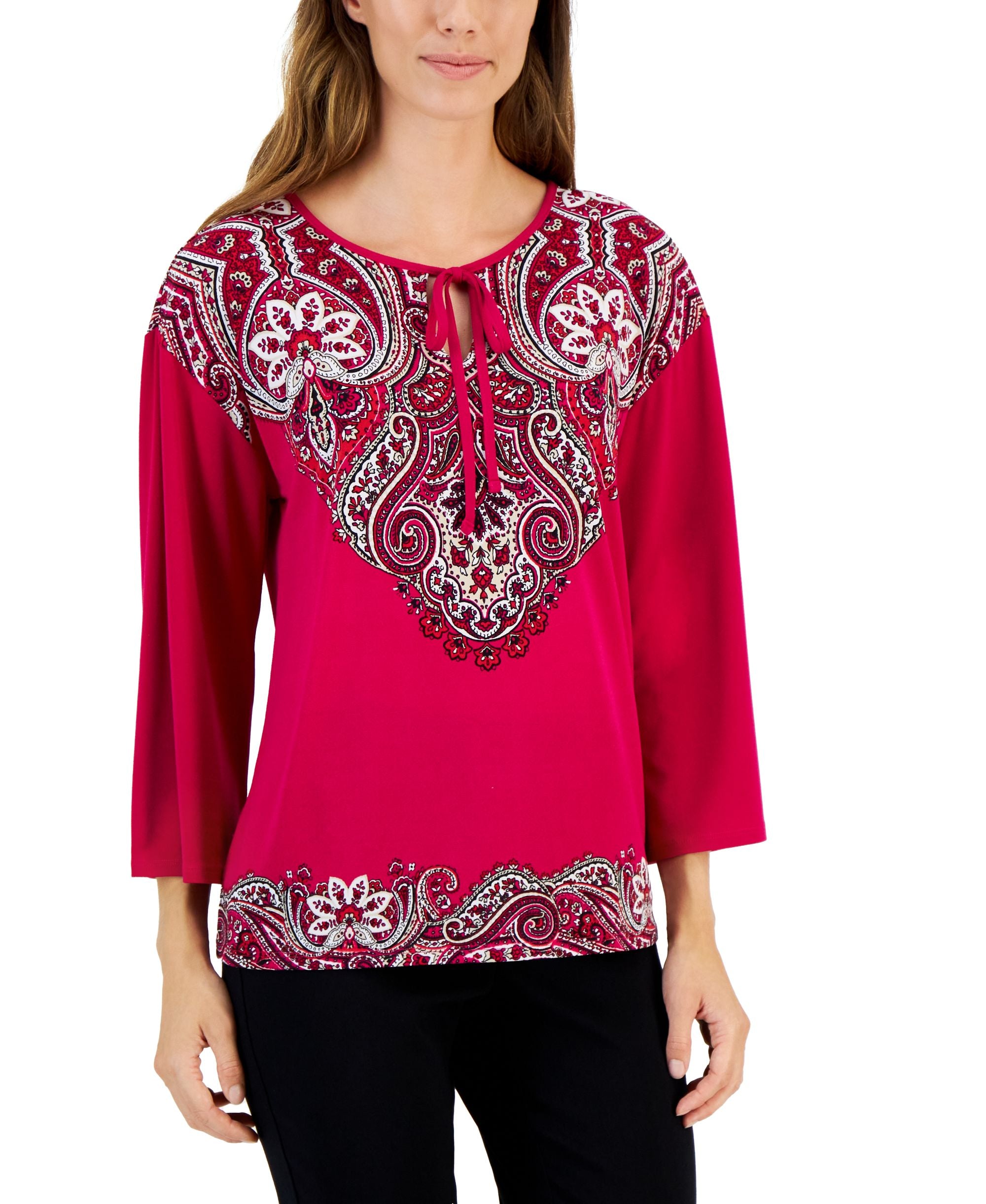 JM Collection Womens Printed Tie Neck Top