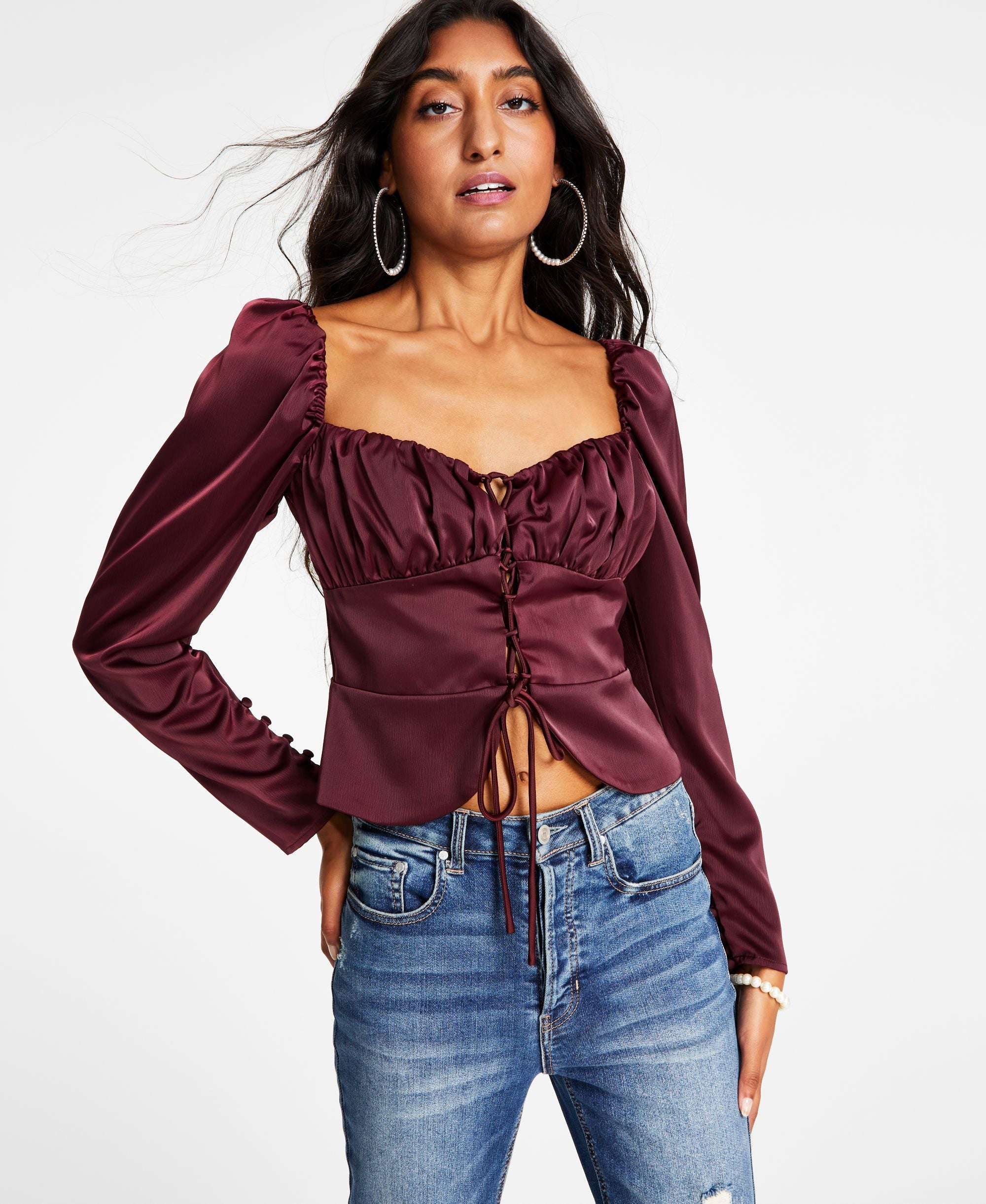 Women's Ruched Floral-Print Peplum Top