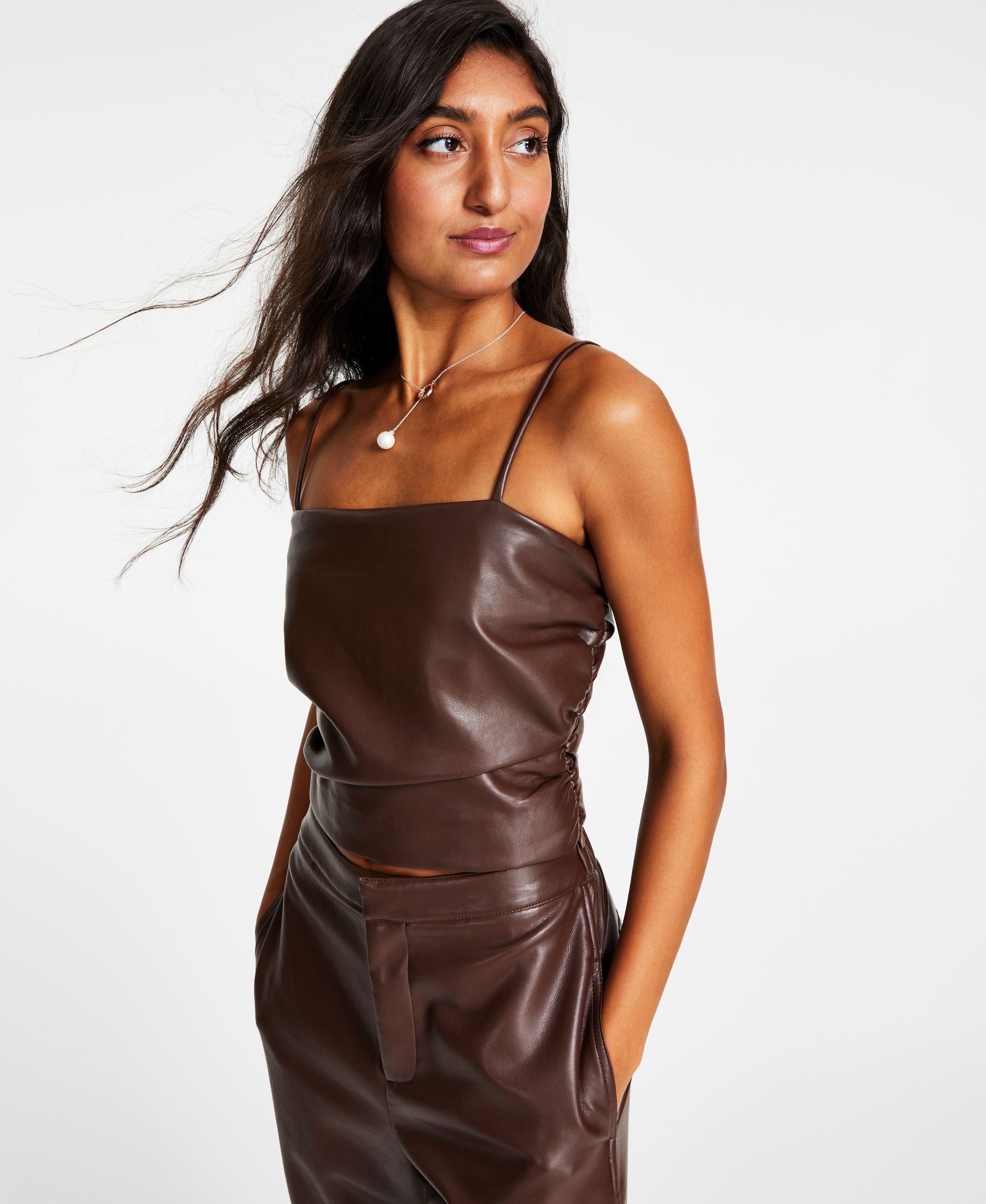 Women's Smocked-Back Faux-Leather Spaghetti-Strap Top