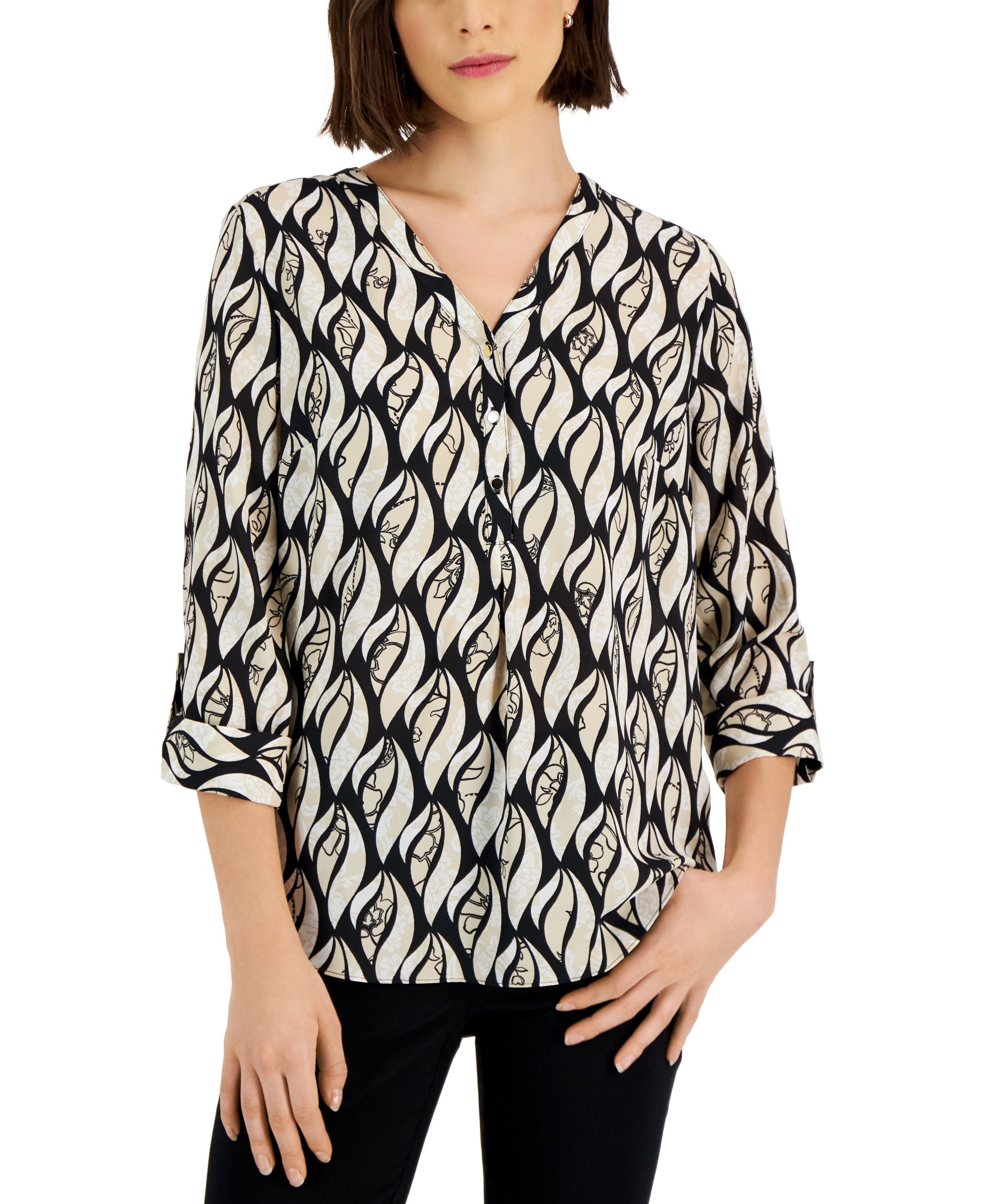 JM Collection Womens Flicker Print Y Neck Top