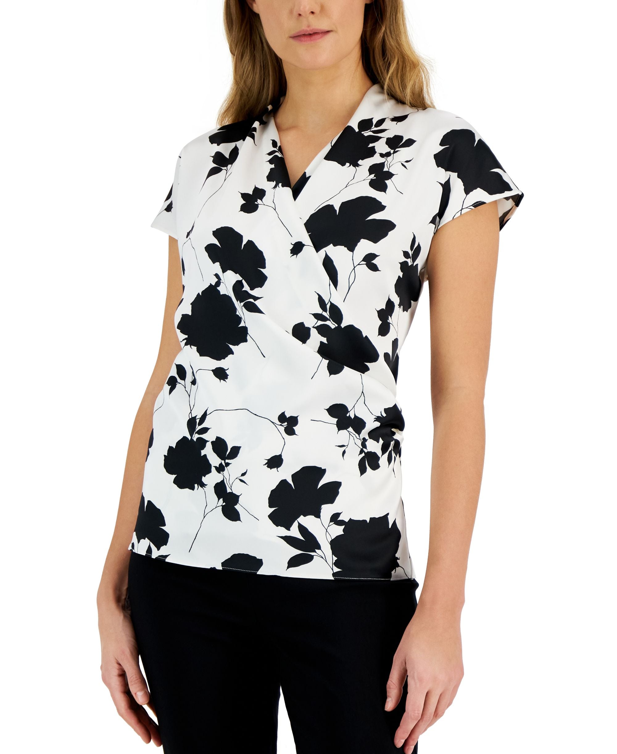Women's Printed Satin Short-Sleeve Surplice Top
