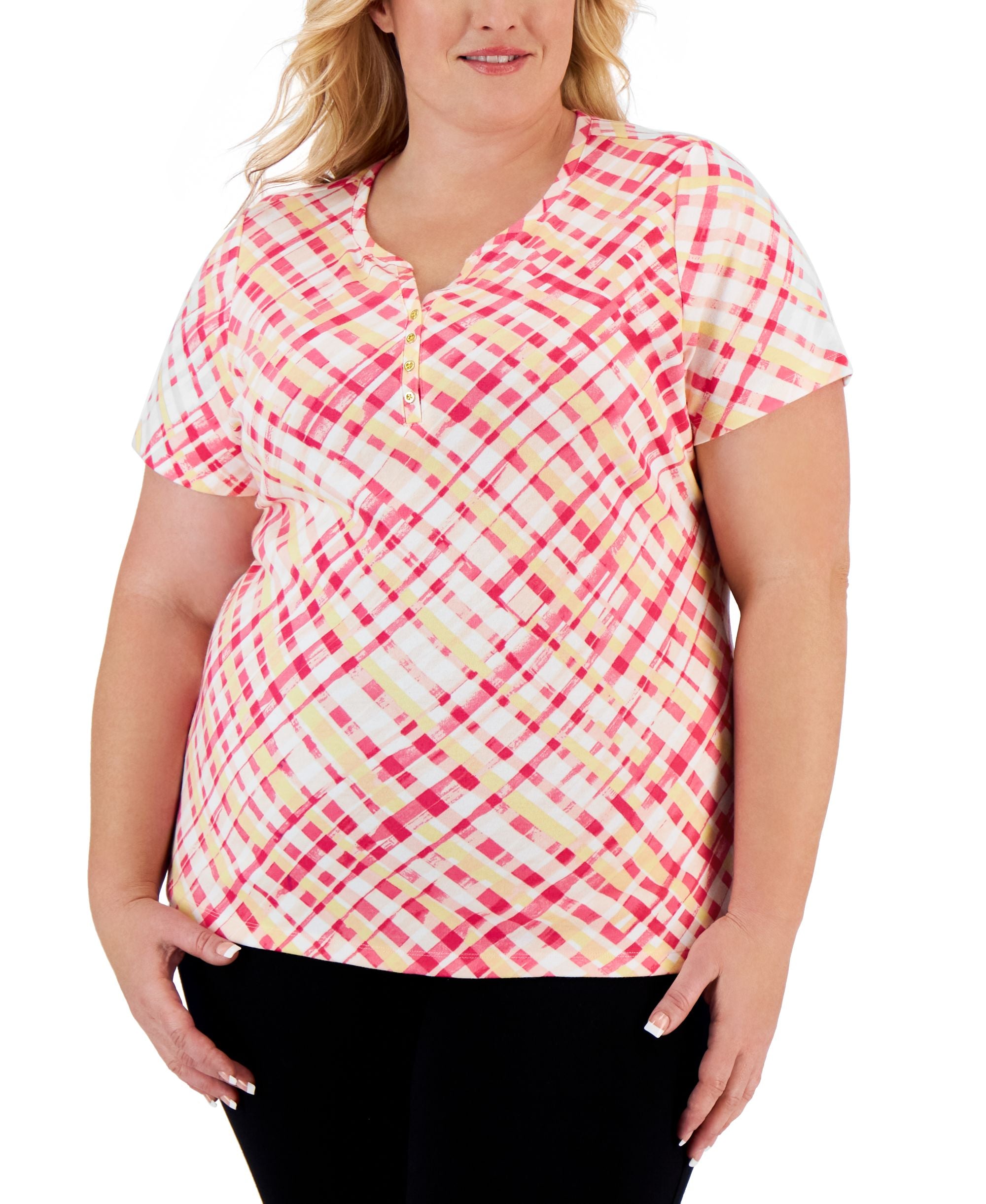 Karen Scott Plus Size Plaid Henley Top