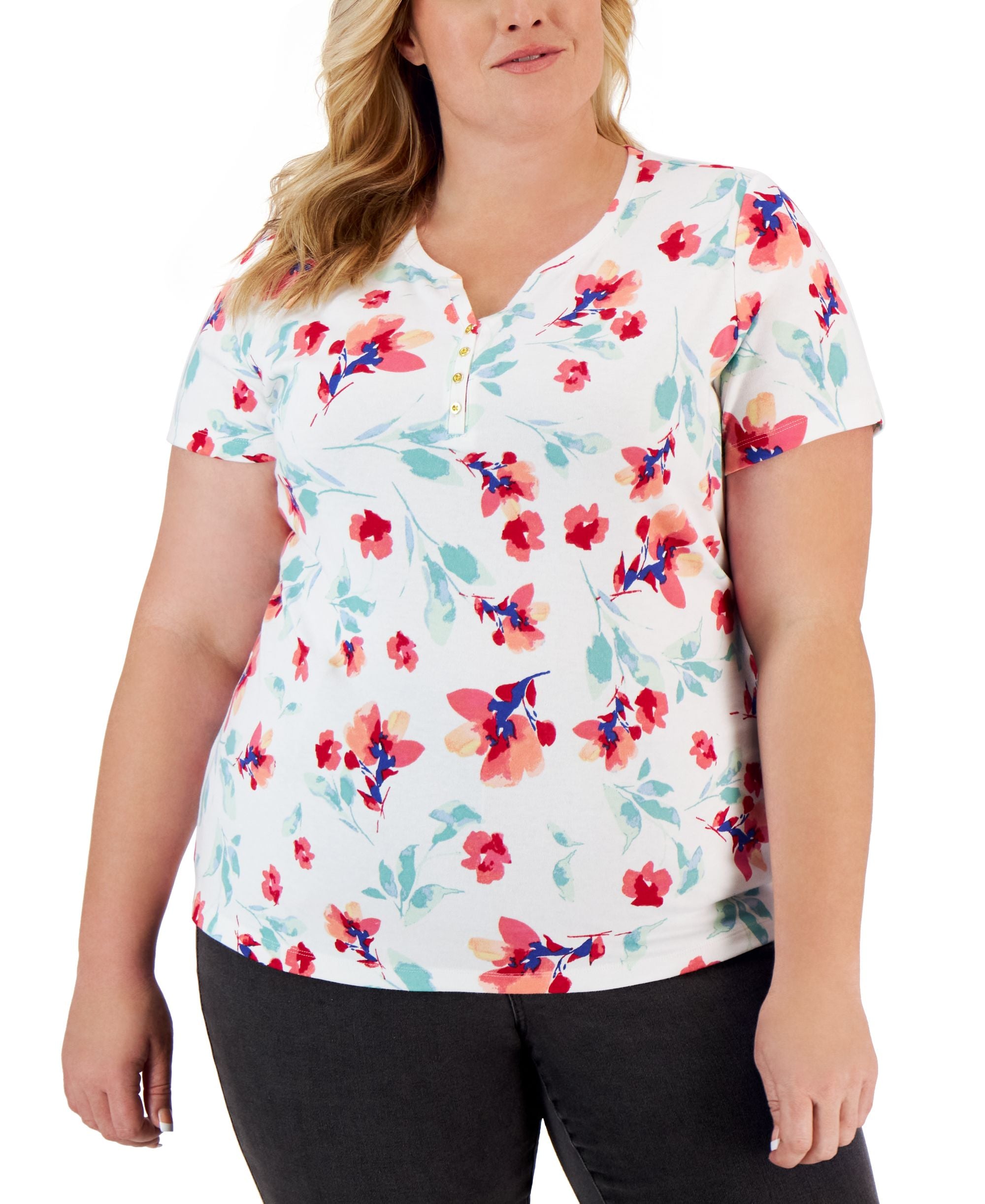 Plus Size Printed Henley Top