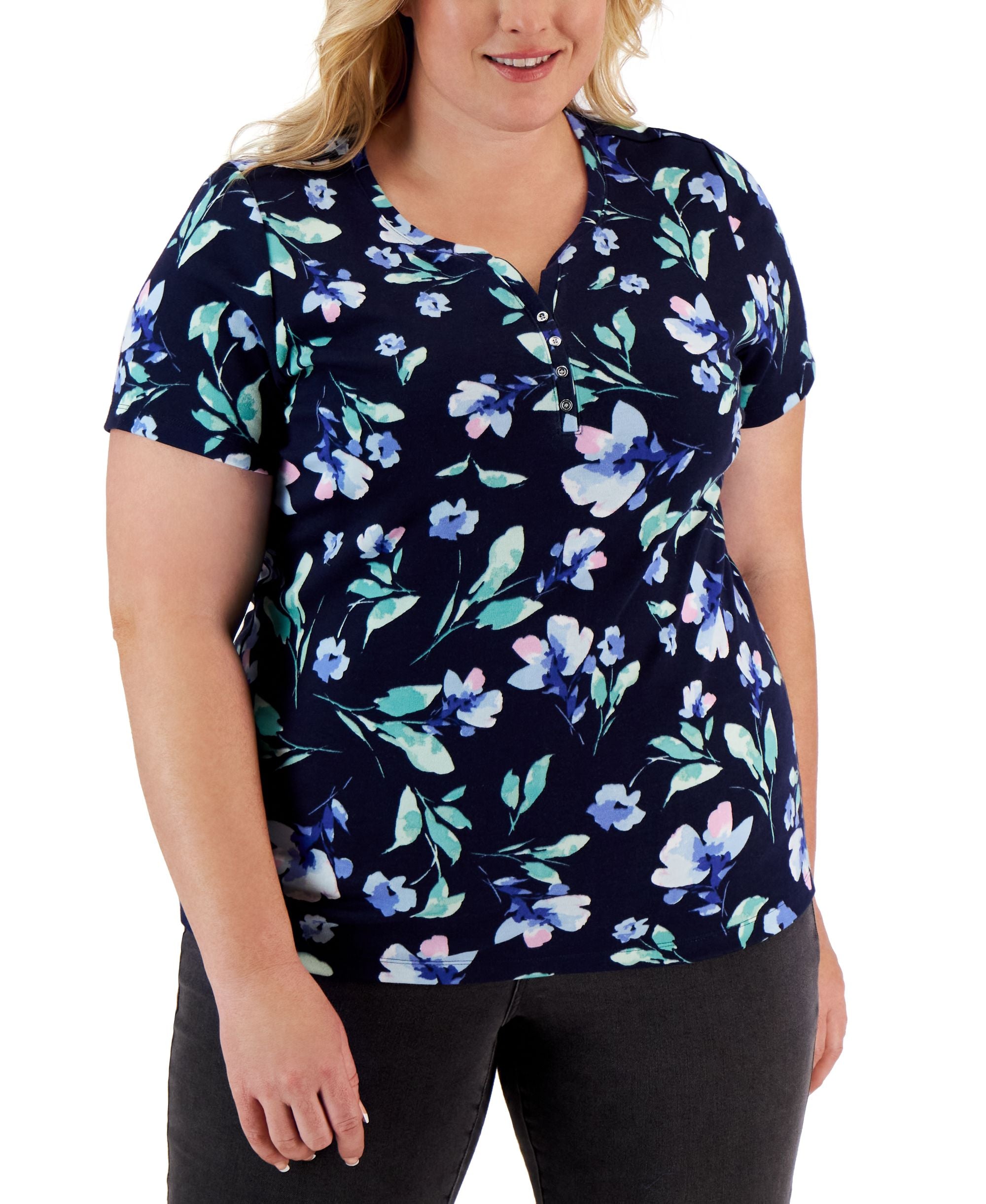 Plus Size Printed Henley Top