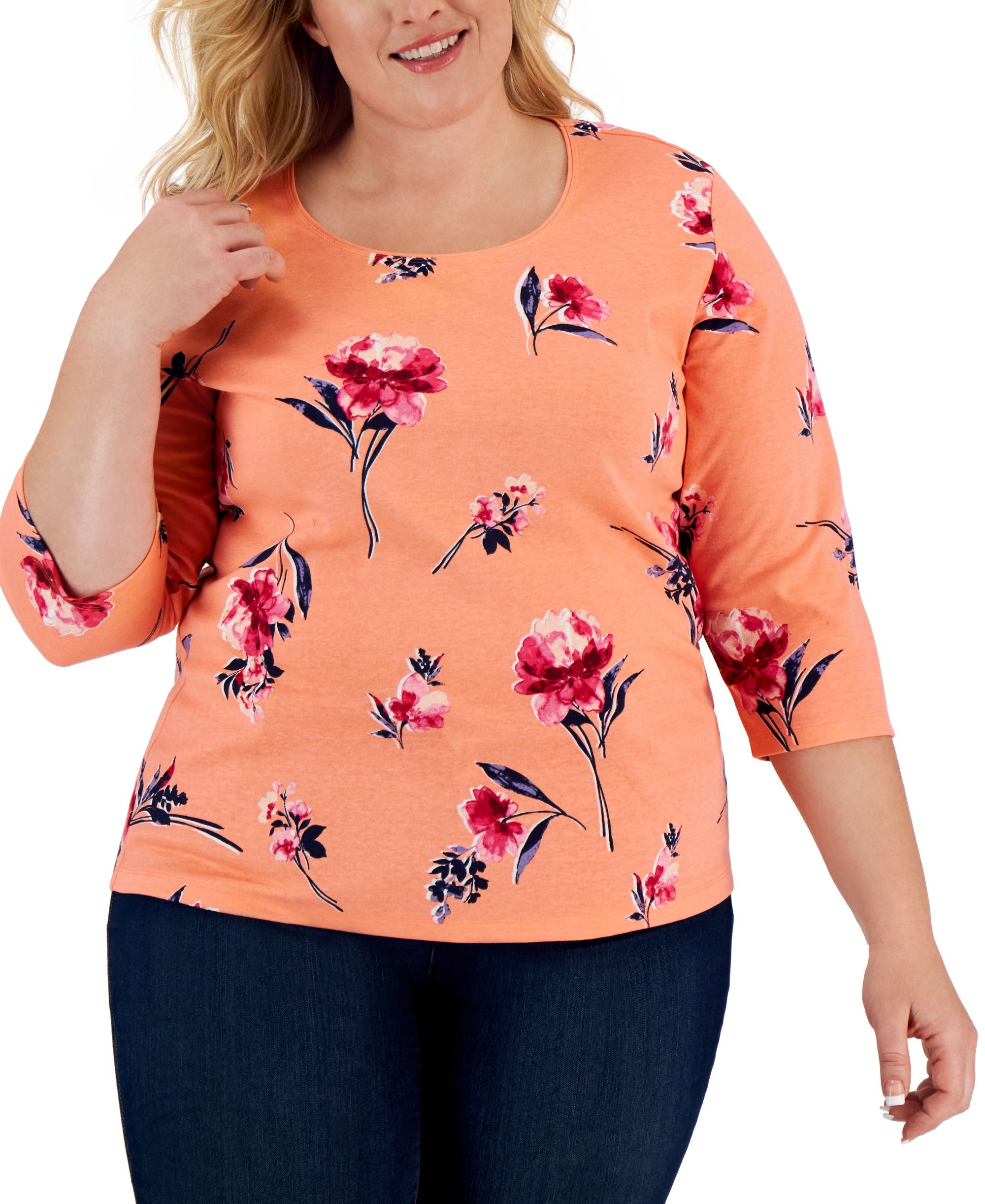 Karen Scott Plus Size Printed 3/4-Sleeve Scoop-Neck Top