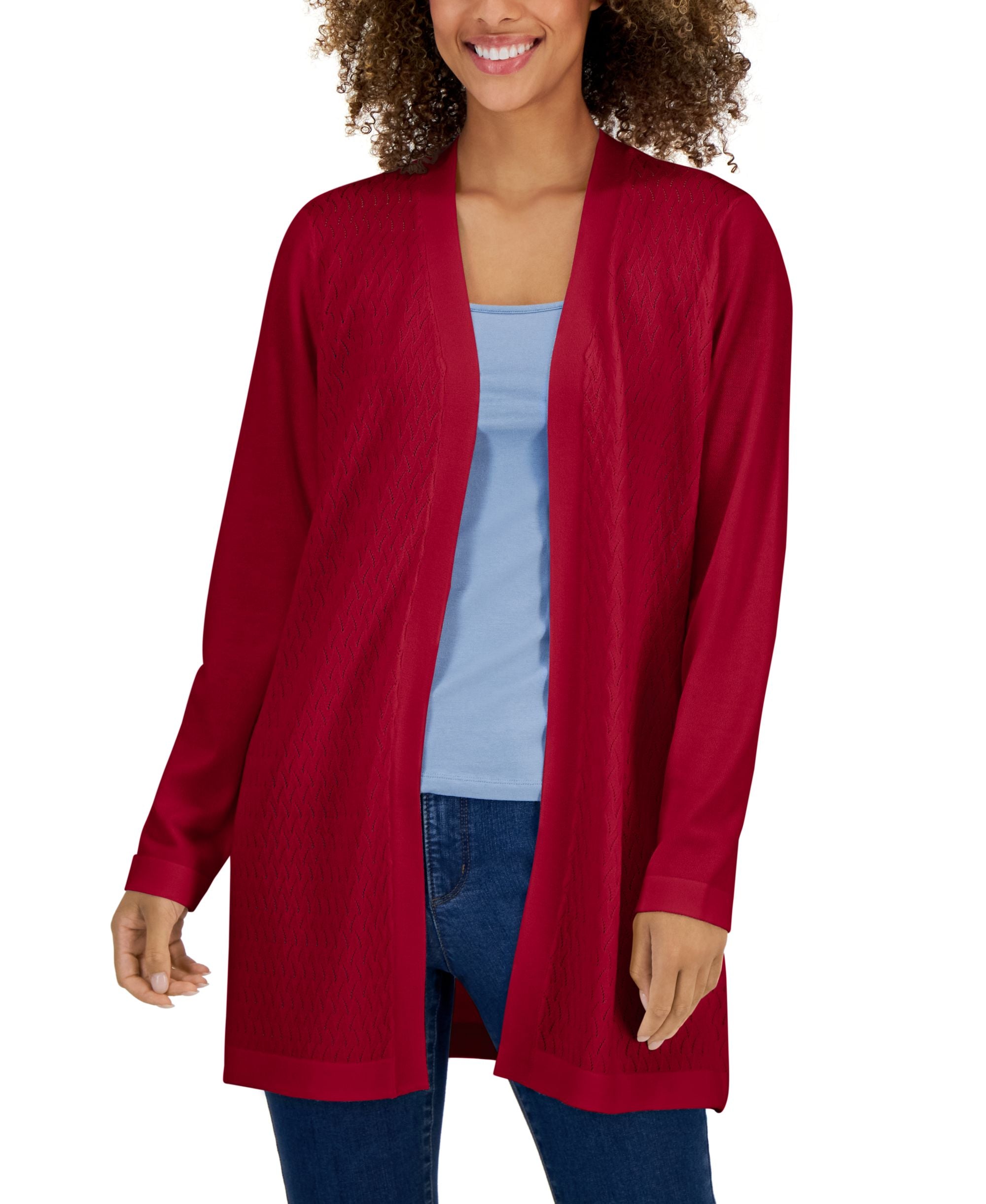 Karen Scott Womens Open Front Textured Stitch Cardigan Sweater