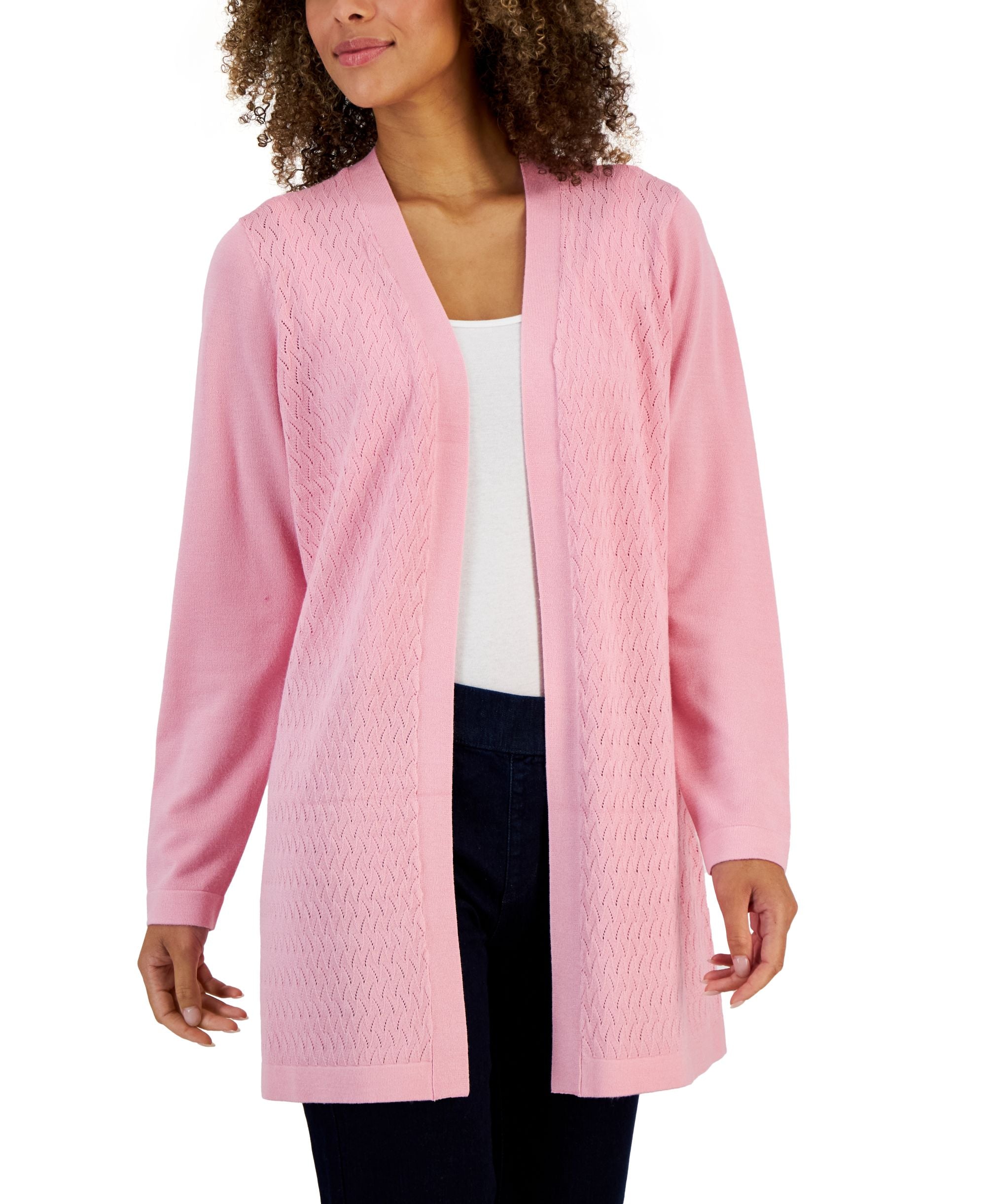 Karen Scott Womens Open Front Textured Stitch Cardigan Sweater
