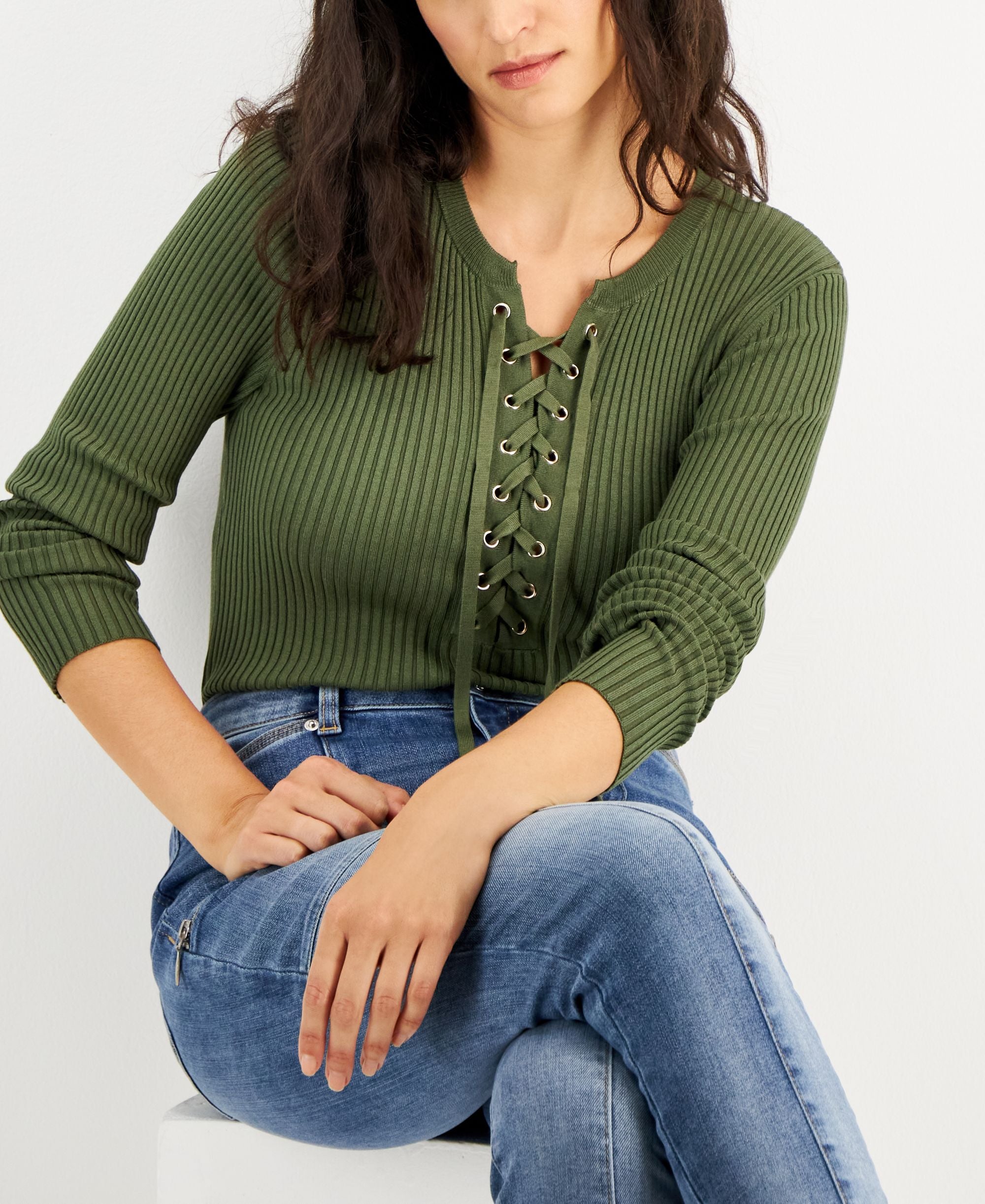 INC International Concepts Womens Lace Up Ribbed Sweater