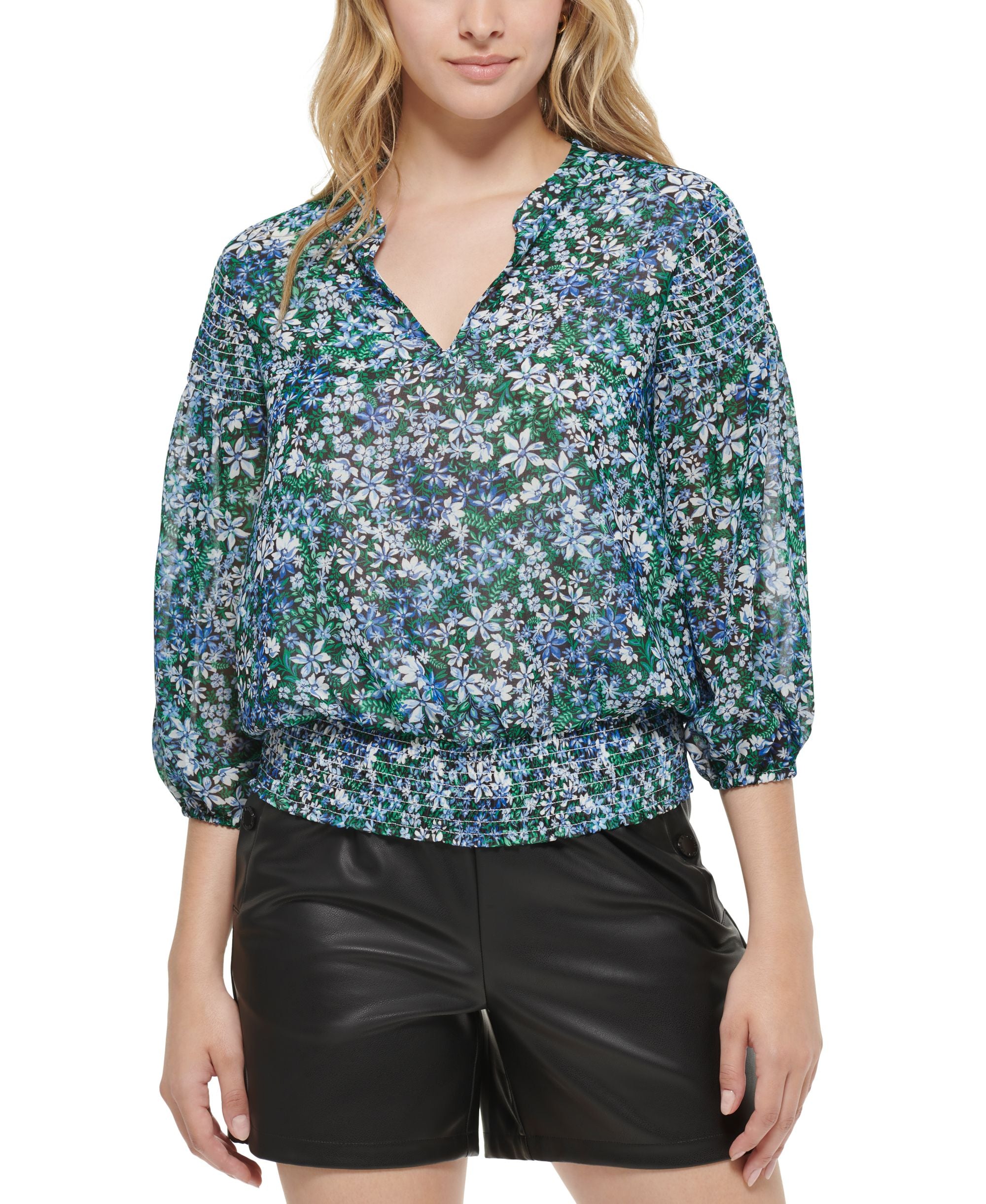 Karl Lagerfeld Paris Womens Floral Print Smocked Blouse