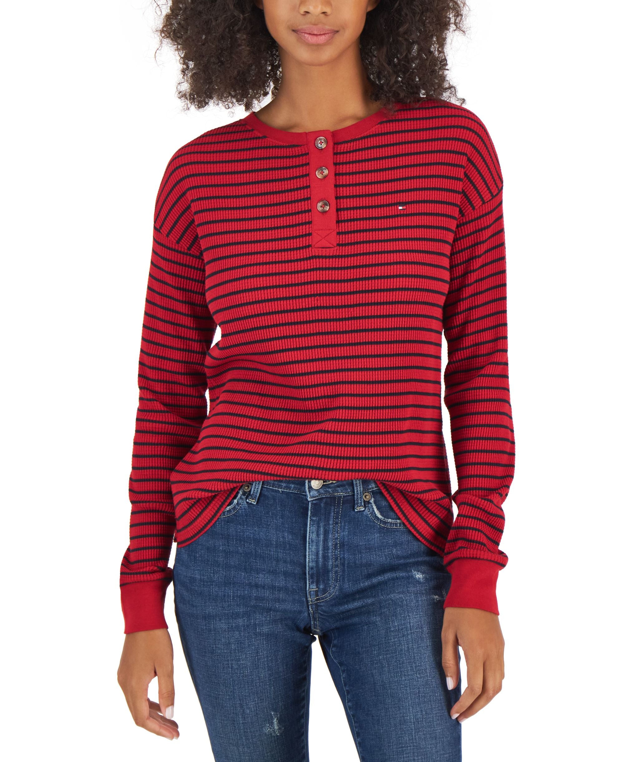 Tommy Hilfiger Womens Long Sleeve Striped Boxy Henley Top