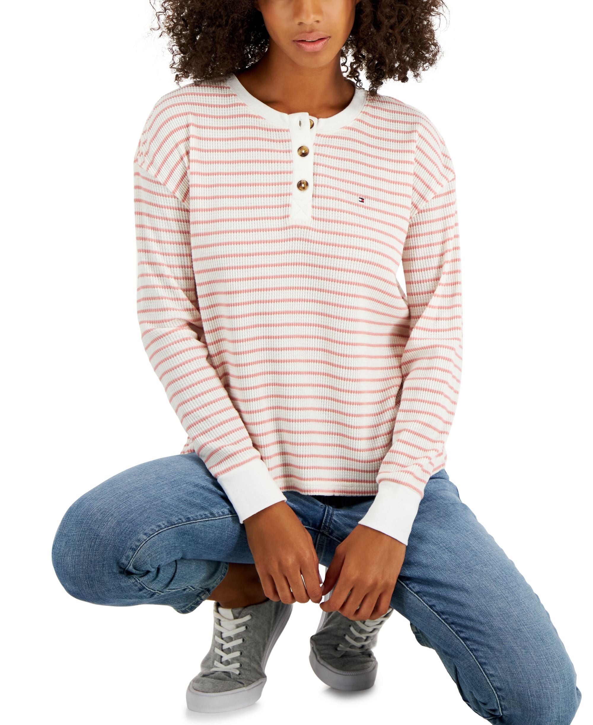 Tommy Hilfiger Womens Long Sleeve Striped Boxy Henley Top