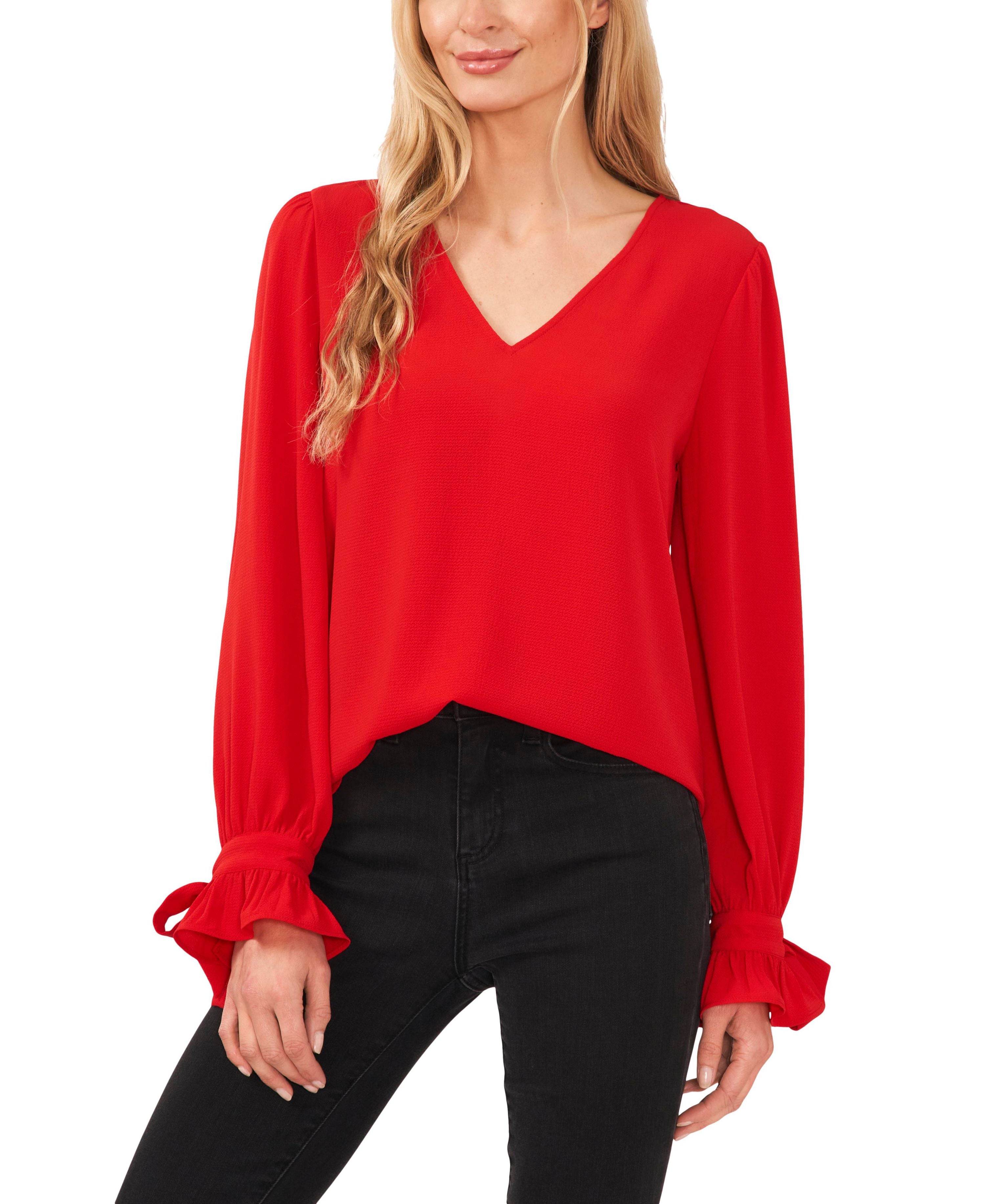 Women's Solid Long Sleeve V-Neck Tie-Cuff Blouse