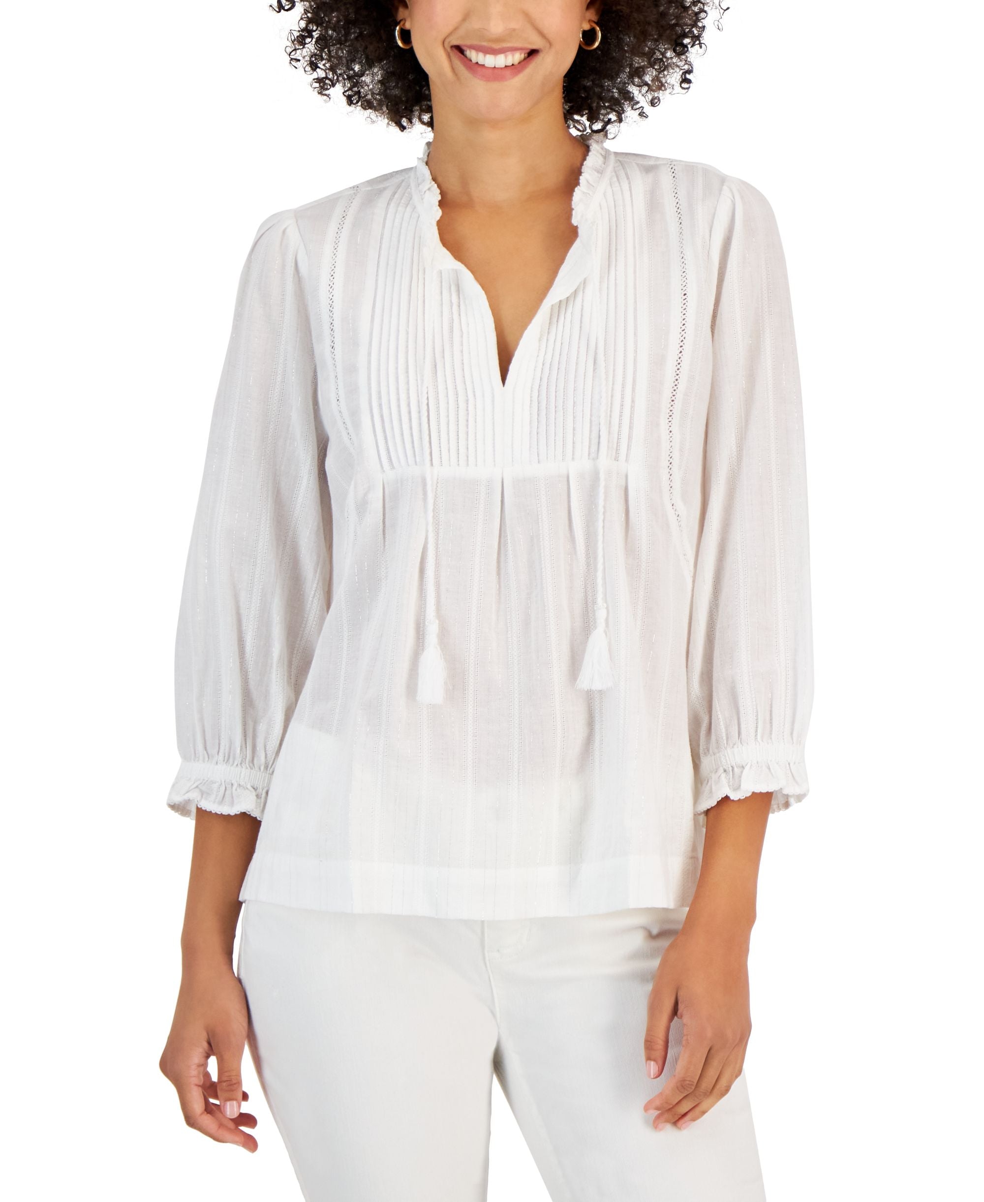 Charter Club Womens Tonal Metallic Peasant Top