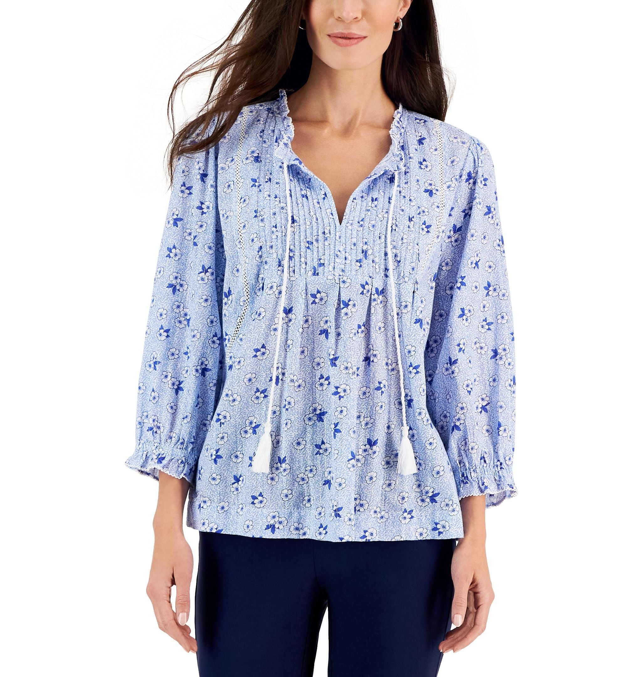 Charter Club Womens Floral Pleated Yoke Peasant Top