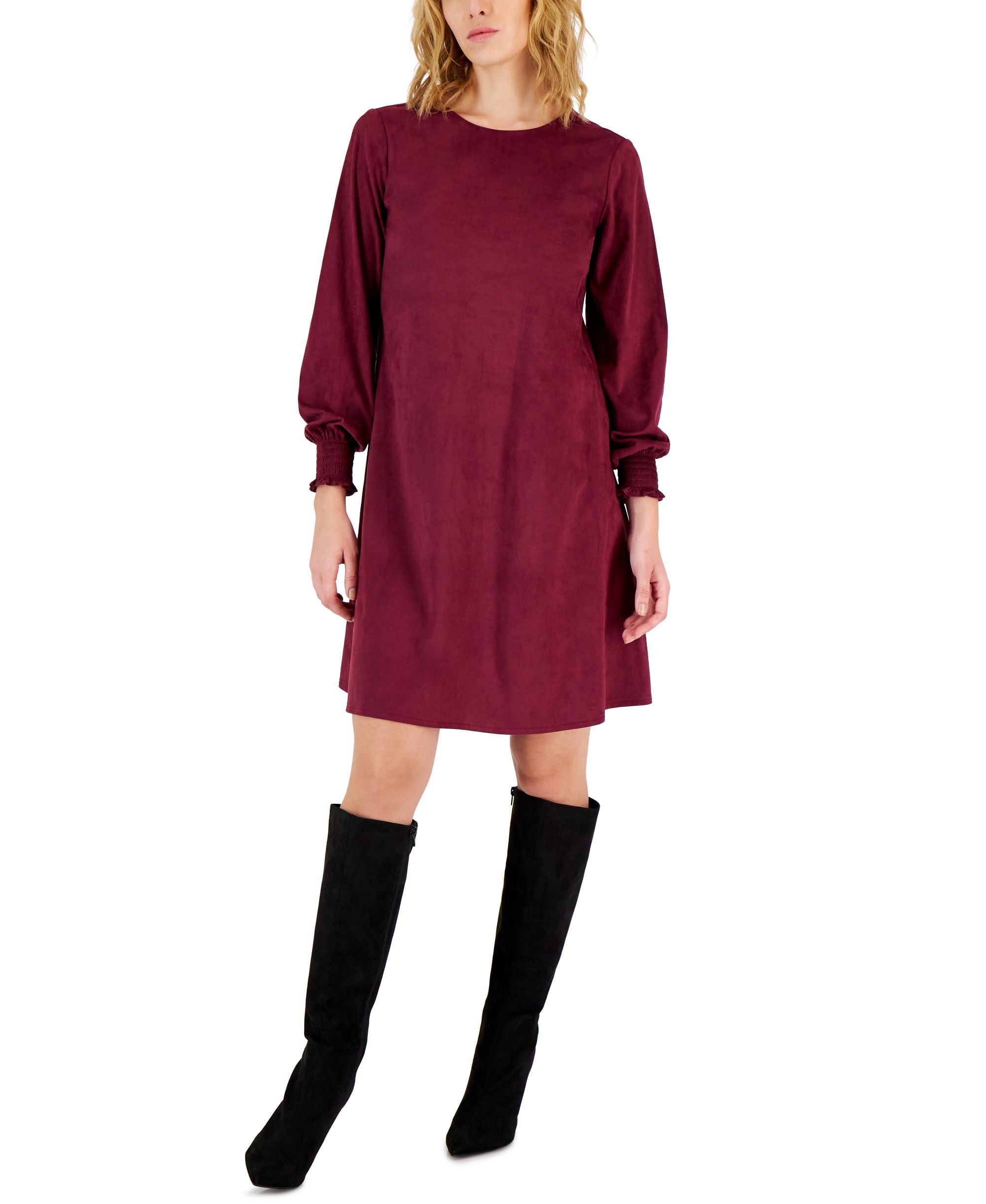 Anne Klein Womens Faux Suede Long Sleeve A Line Dress