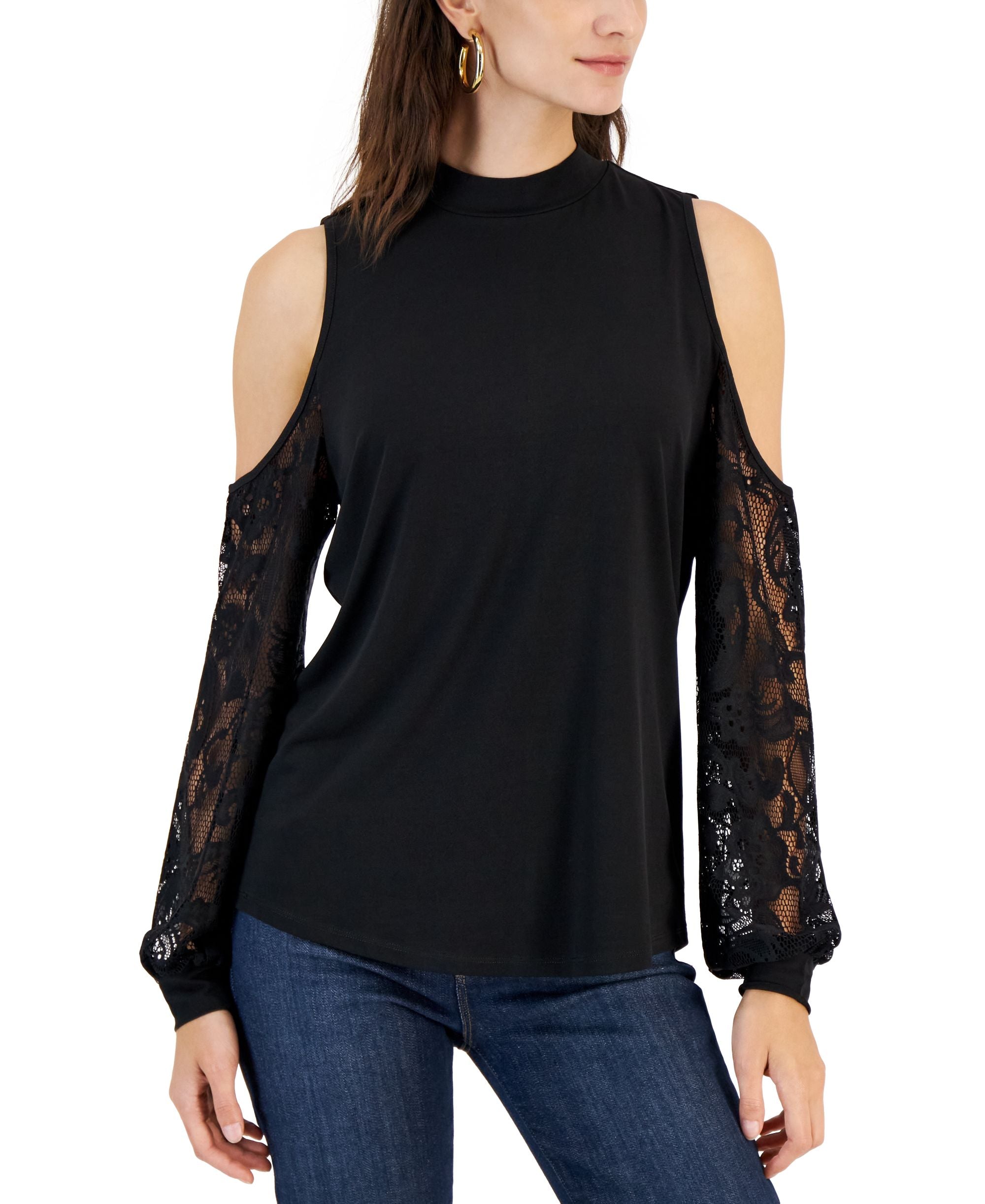 Willow Drive Womens Lace Sleeve Cold Shoulder Top