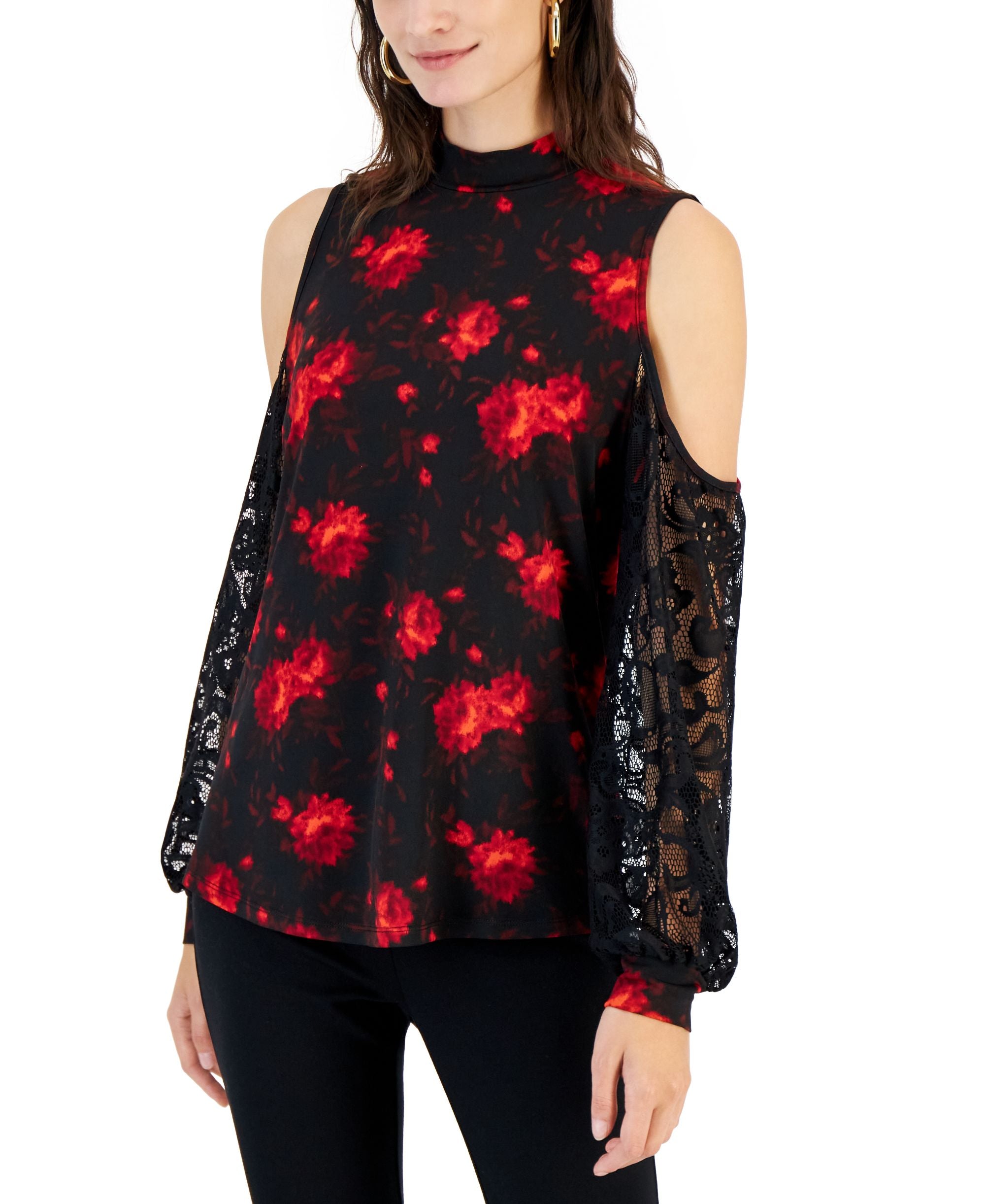 Willow Drive Womens Lace Sleeve Cold Shoulder Top