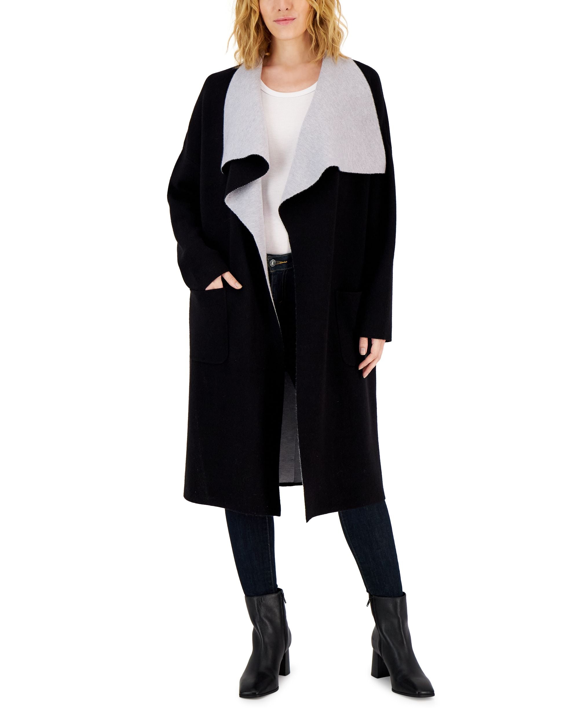 T Tahari Womens Colorblocked Shawl Collar Open Cardigan