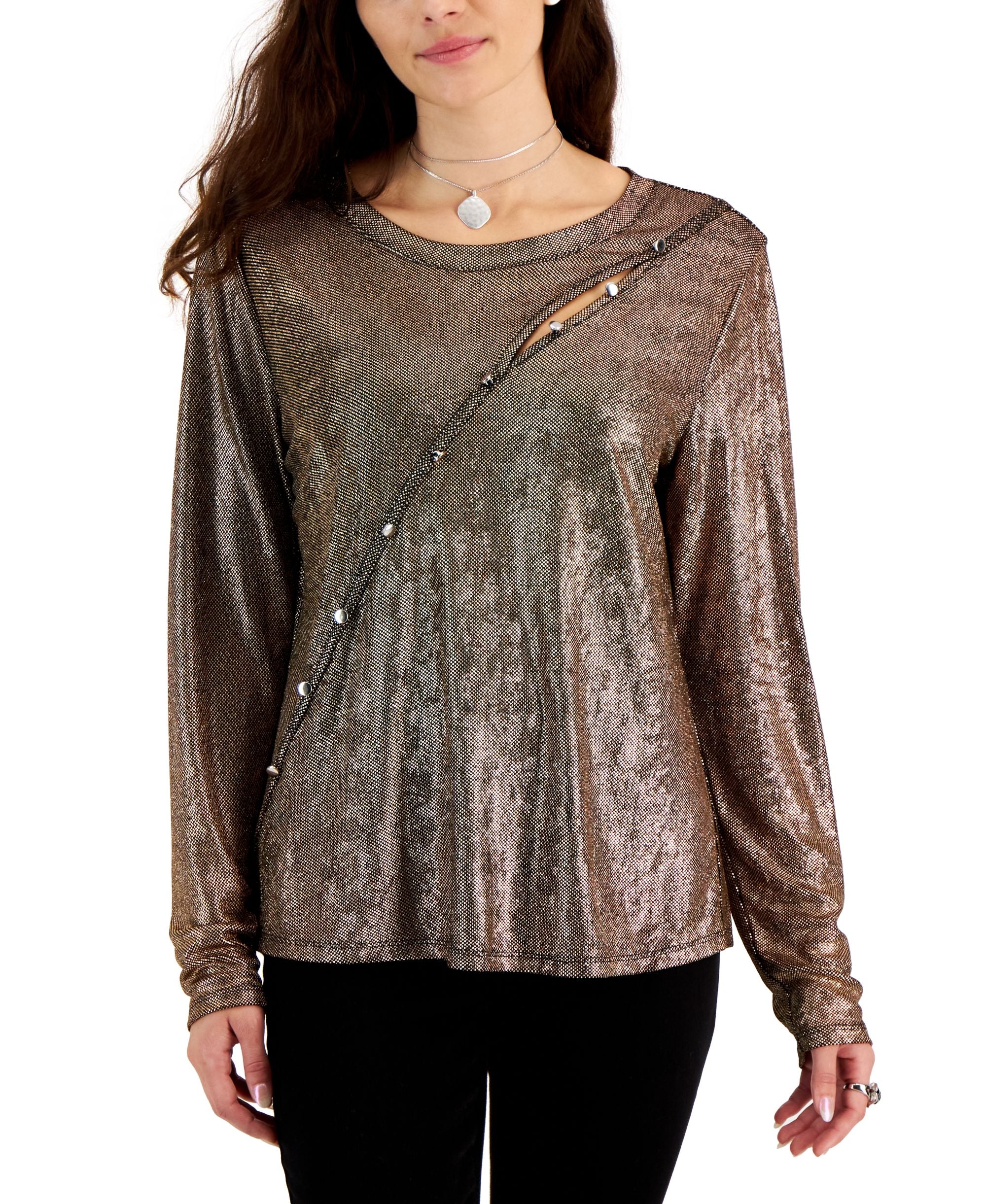 Fever Womens Asymmetrical Button Trim Long Sleeve Top